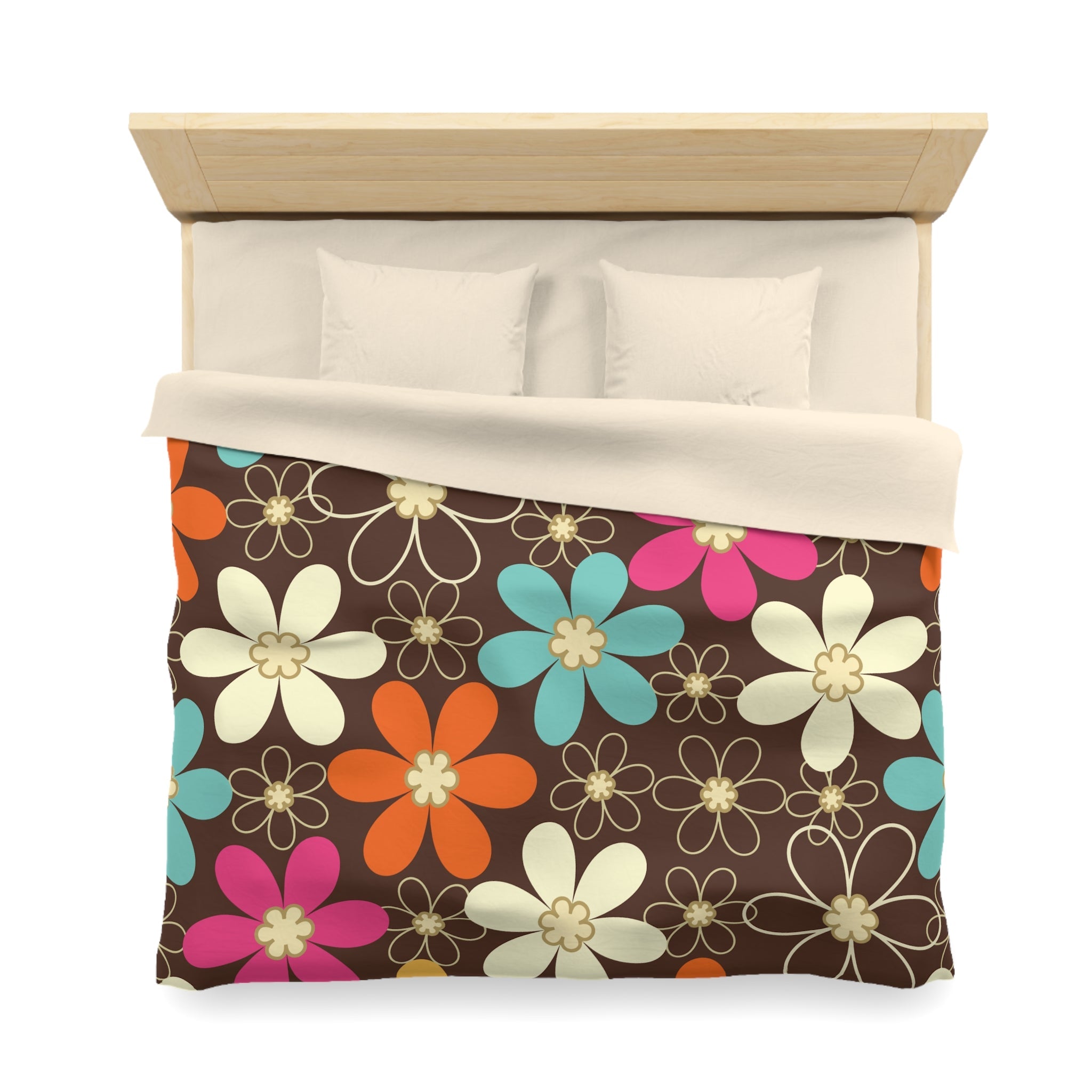 Kate McEnroe New York 70s Retro Groovy Hippie Flower Power Duvet Cover, Mid Century Modern Teal, Orange, Pink, Chocolate Floral BeddingDuvet Covers52137592890885430004