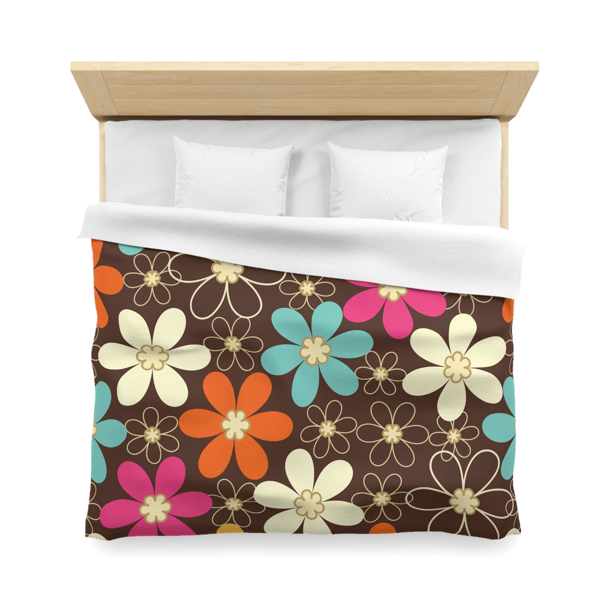 Kate McEnroe New York 70s Retro Groovy Hippie Flower Power Duvet Cover, Mid Century Modern Teal, Orange, Pink, Chocolate Floral BeddingDuvet Covers52137592890885430004