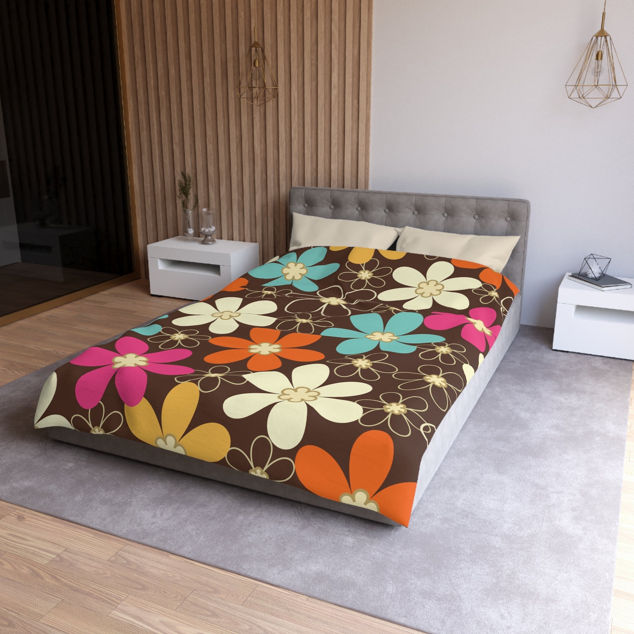 Kate McEnroe New York 70s Retro Groovy Hippie Flower Power Duvet Cover, Mid Century Modern Teal, Orange, Pink, Chocolate Floral BeddingDuvet Covers52137592890885430004