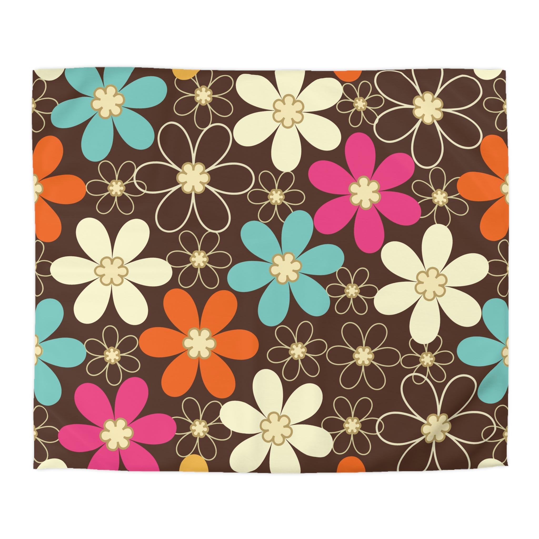 Kate McEnroe New York 70s Retro Groovy Hippie Flower Power Duvet Cover, Mid Century Modern Teal, Orange, Pink, Chocolate Floral BeddingDuvet Covers52137592890885430004