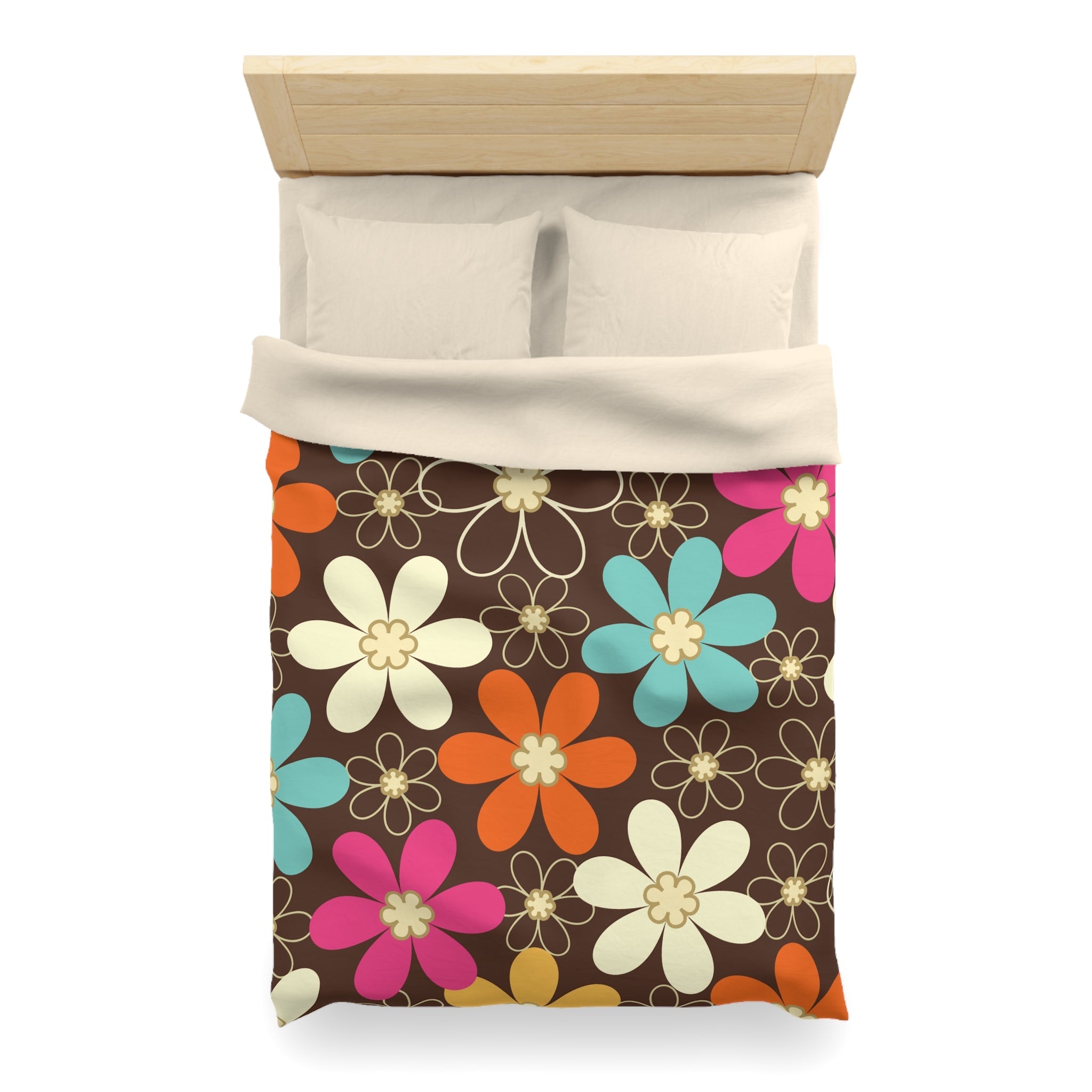 Kate McEnroe New York 70s Retro Groovy Hippie Flower Power Duvet Cover, Mid Century Modern Teal, Orange, Pink, Chocolate Floral BeddingDuvet Covers52137592890885430004