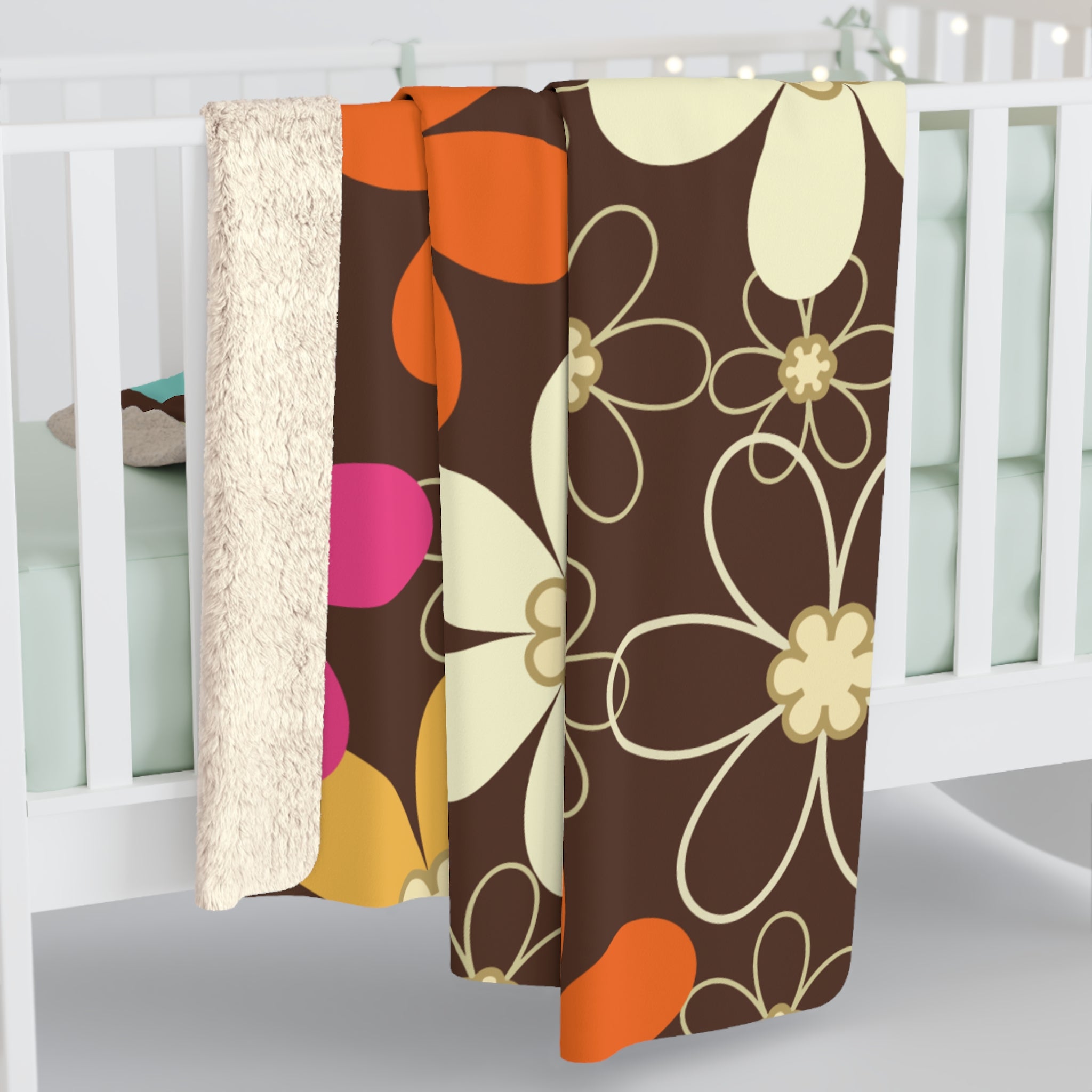 Kate McEnroe New York 70s Retro Groovy Hippie Flower Power Sherpa Blanket, Mid Century Modern Teal, Orange, Pink, Chocolate Floral Fleece Throw BlanketBlankets28501467803833304885