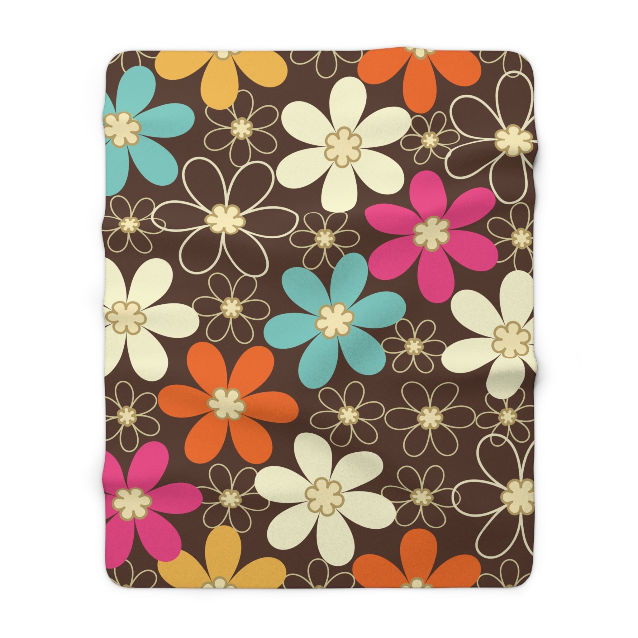Kate McEnroe New York 70s Retro Groovy Hippie Flower Power Sherpa Blanket, Mid Century Modern Teal, Orange, Pink, Chocolate Floral Fleece Throw BlanketBlankets28501467803833304885