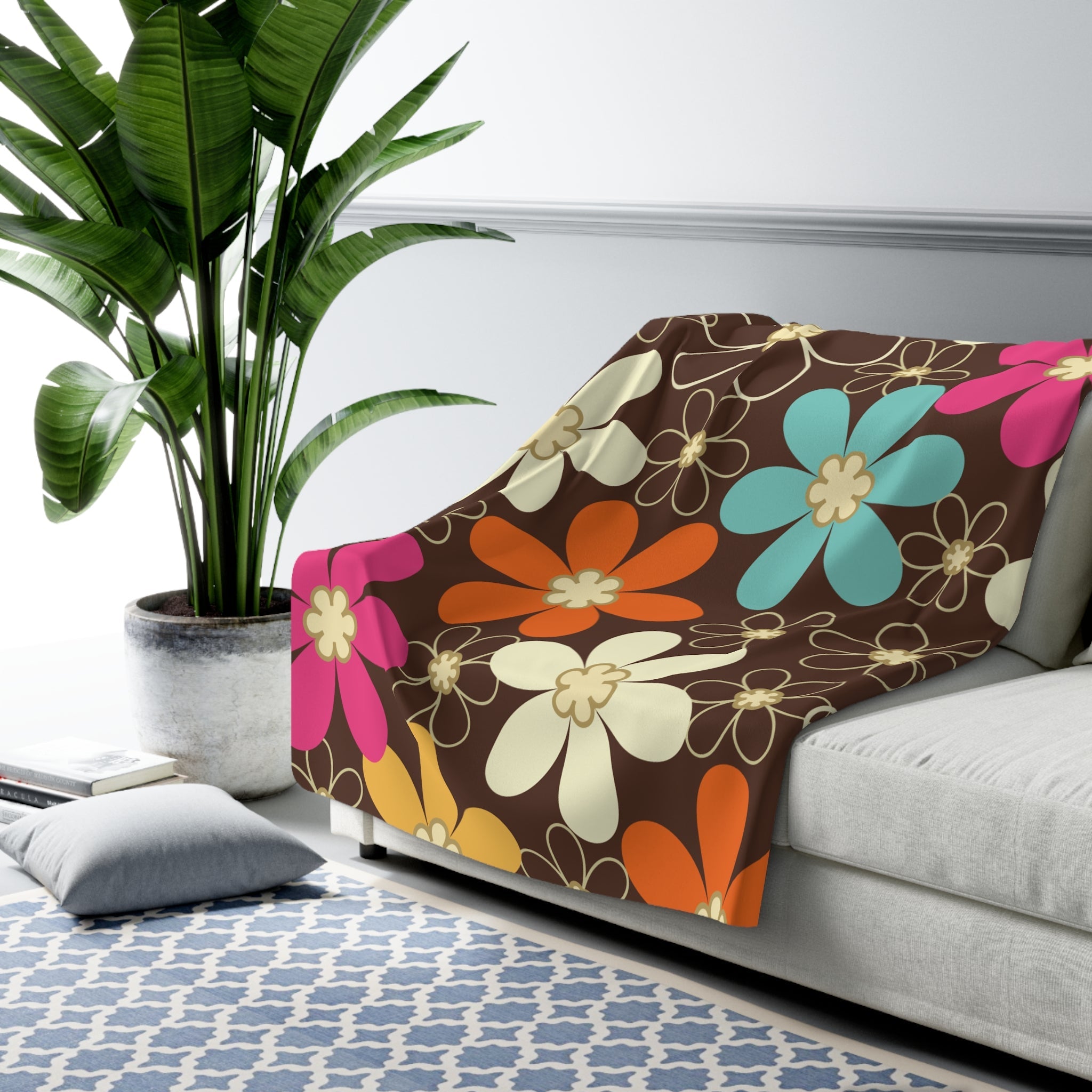 Kate McEnroe New York 70s Retro Groovy Hippie Flower Power Sherpa Blanket, Mid Century Modern Teal, Orange, Pink, Chocolate Floral Fleece Throw BlanketBlankets28501467803833304885
