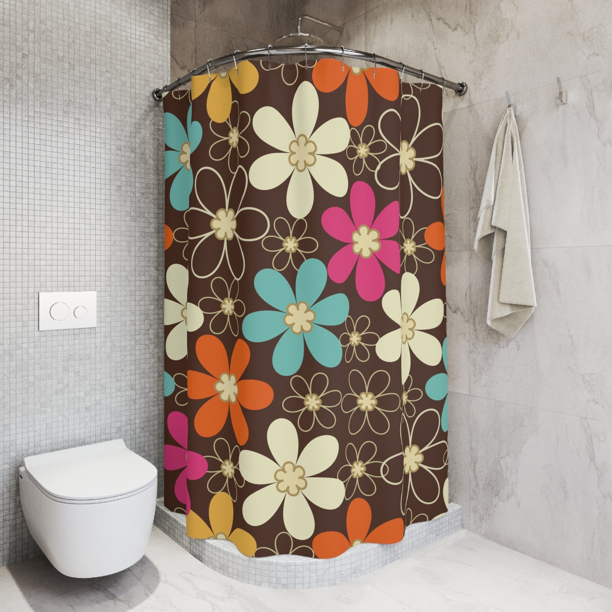Kate McEnroe New York 70s Retro Groovy Hippie Flower Power Shower Curtains, Mid Century Modern Teal, Orange, Pink, Chocolate Floral Bath DecorShower Curtains18332398628767797330