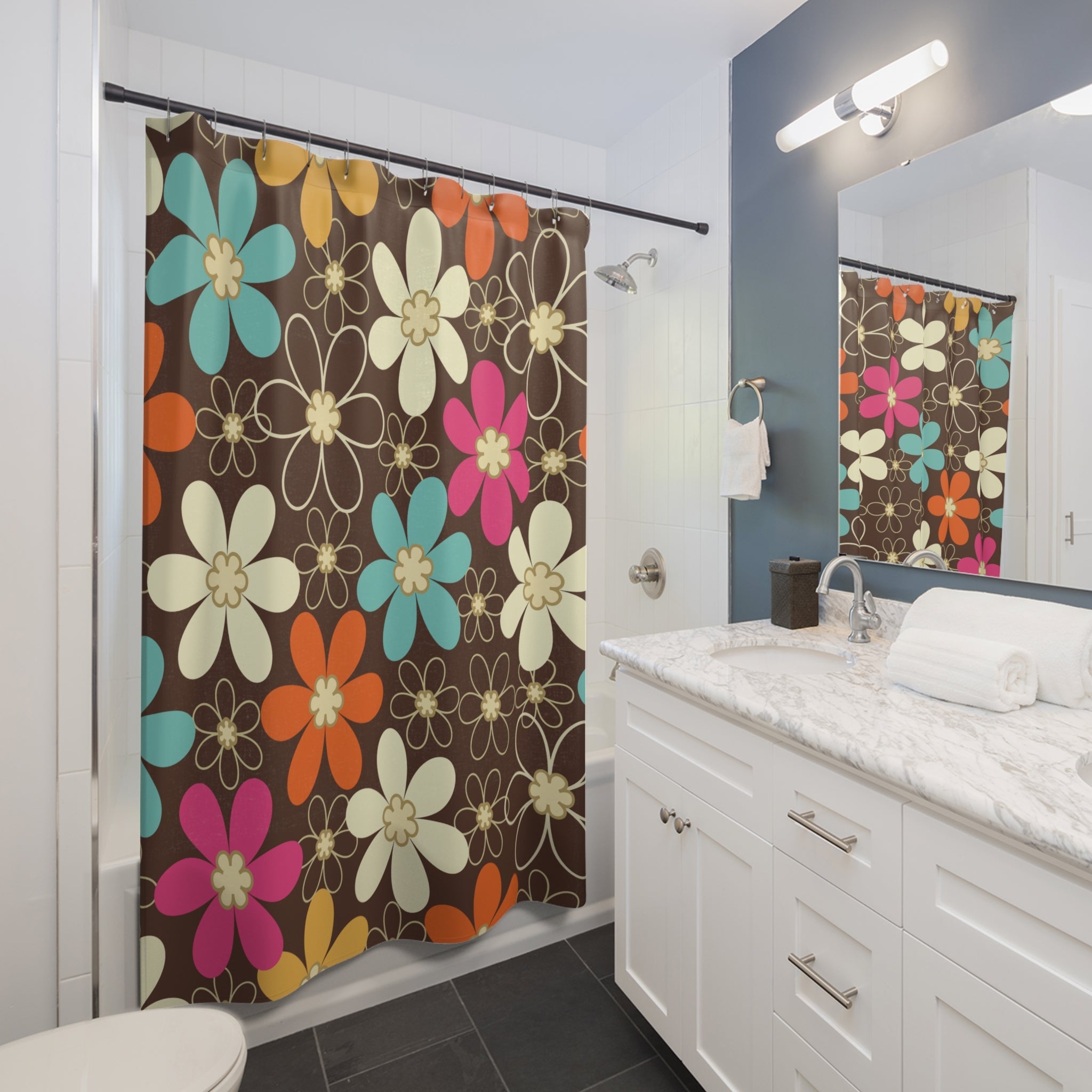 Kate McEnroe New York 70s Retro Groovy Hippie Flower Power Shower Curtains, Mid Century Modern Teal, Orange, Pink, Chocolate Floral Bath DecorShower Curtains18332398628767797330