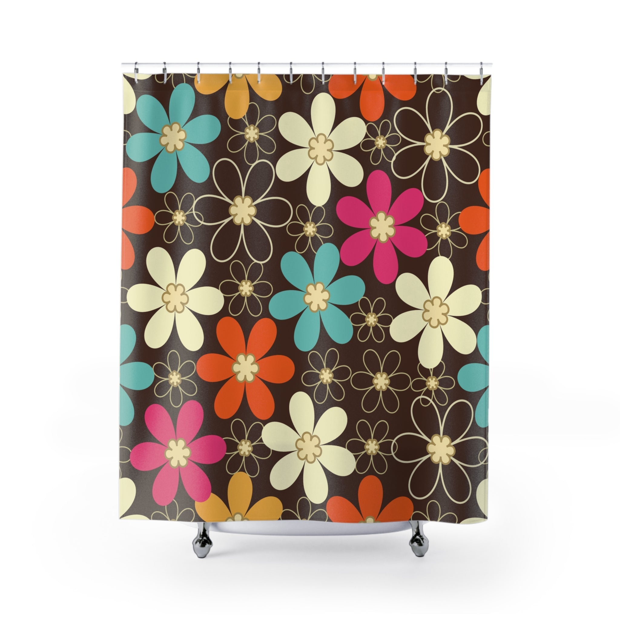 Kate McEnroe New York 70s Retro Groovy Hippie Flower Power Shower Curtains, Mid Century Modern Teal, Orange, Pink, Chocolate Floral Bath DecorShower Curtains18332398628767797330