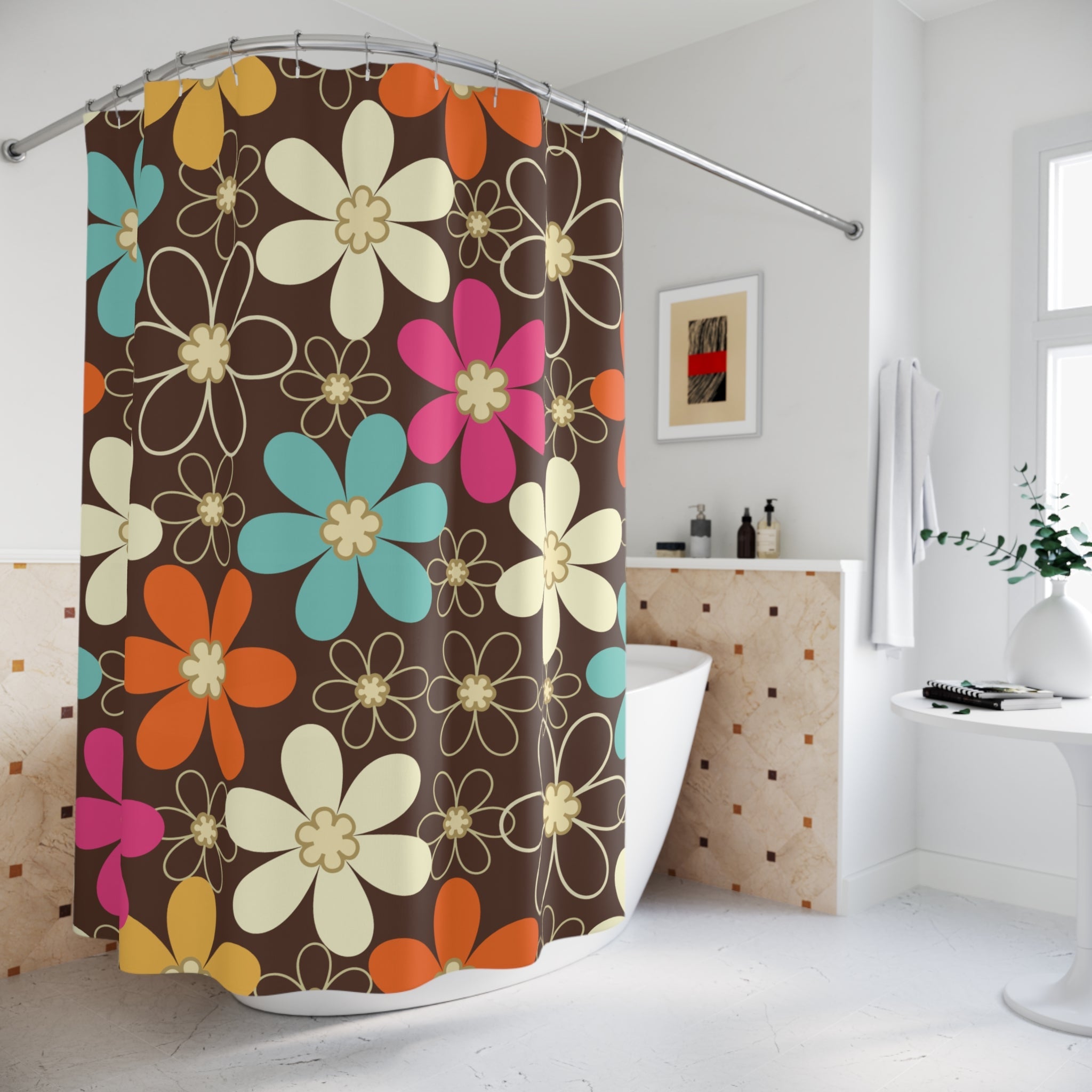 Kate McEnroe New York 70s Retro Groovy Hippie Flower Power Shower Curtains, Mid Century Modern Teal, Orange, Pink, Chocolate Floral Bath DecorShower Curtains18332398628767797330