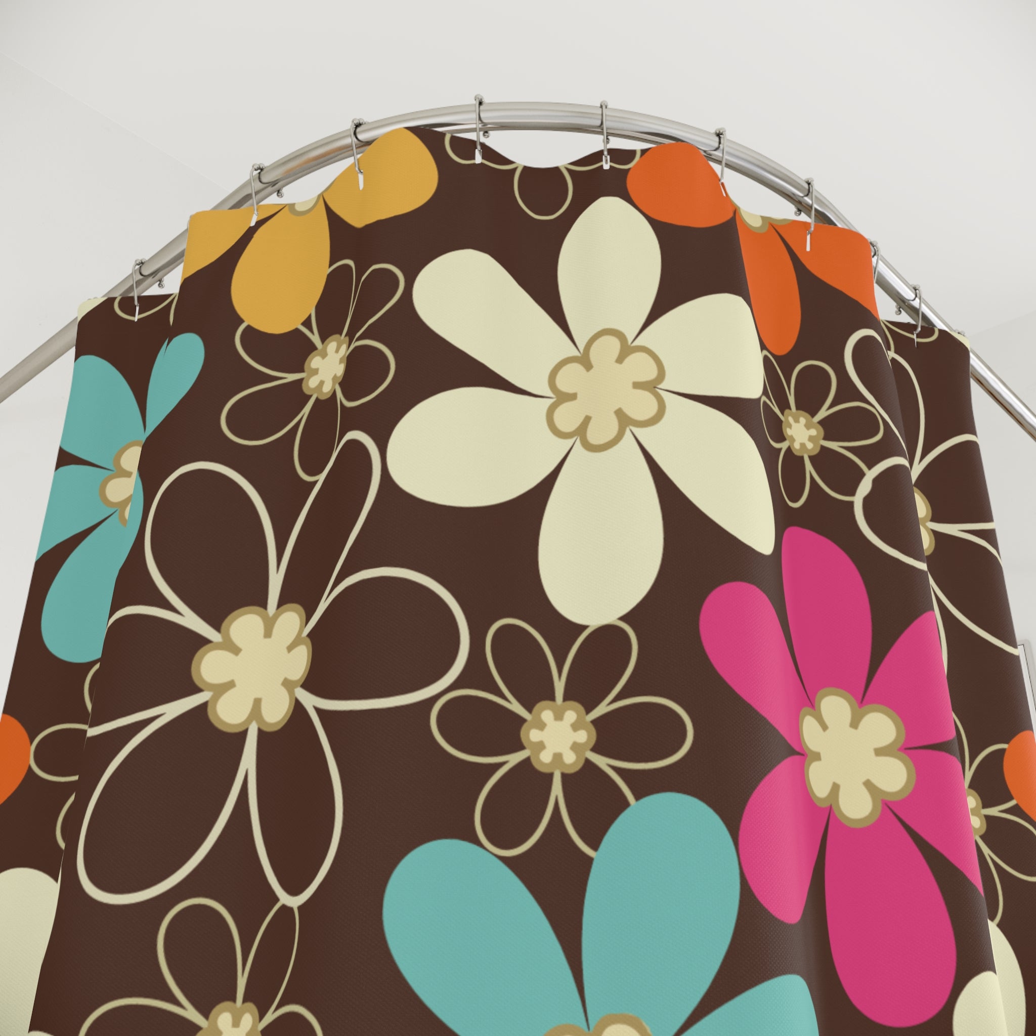 Kate McEnroe New York 70s Retro Groovy Hippie Flower Power Shower Curtains, Mid Century Modern Teal, Orange, Pink, Chocolate Floral Bath DecorShower Curtains18332398628767797330