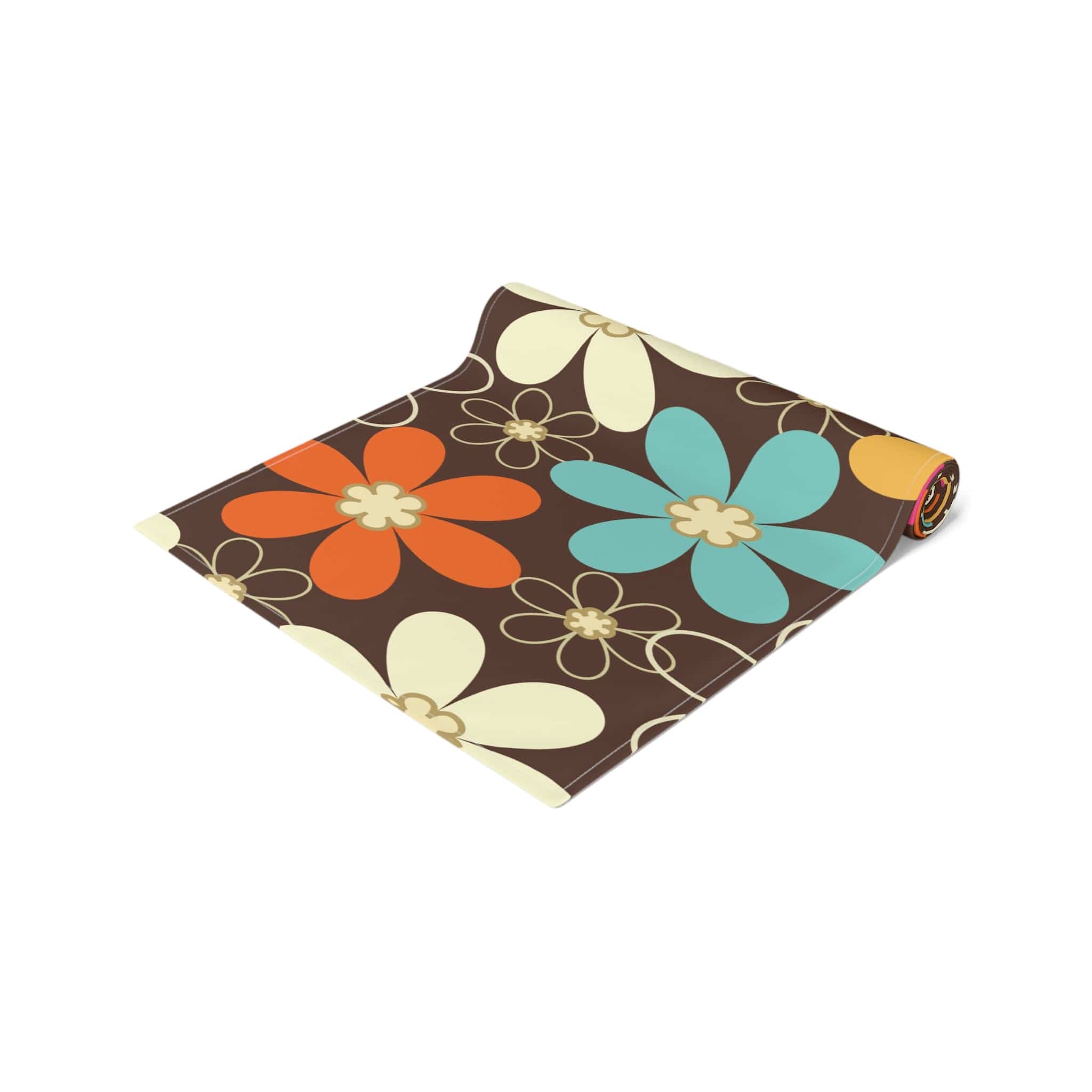 Kate McEnroe New York 70s Retro Groovy Hippie Flower Power Table Runner, Mid Century Modern Teal, Orange, Pink, Chocolate Floral Table LinensTable Runners12831667140516415411
