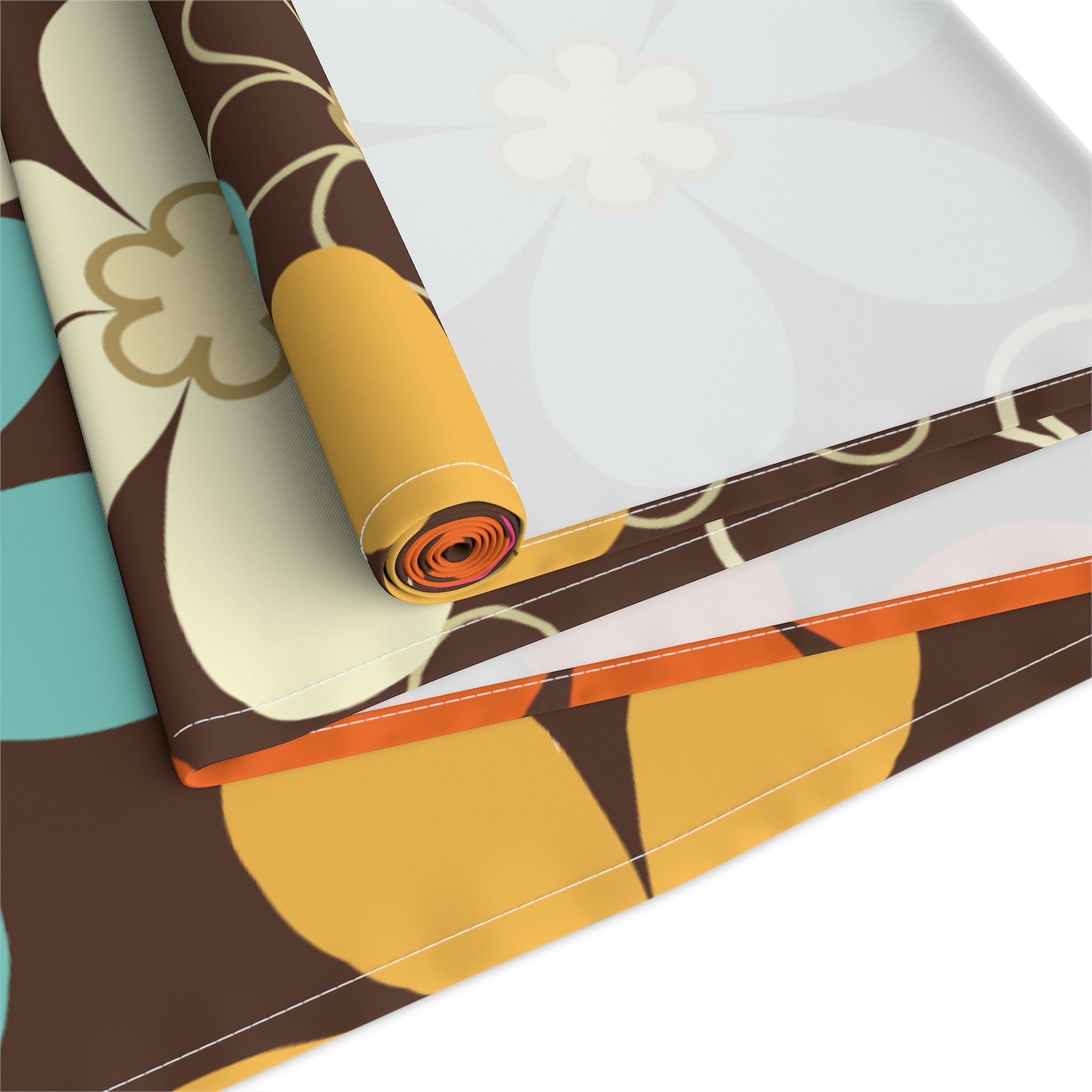 Kate McEnroe New York 70s Retro Groovy Hippie Flower Power Table Runner, Mid Century Modern Teal, Orange, Pink, Chocolate Floral Table LinensTable Runners12831667140516415411