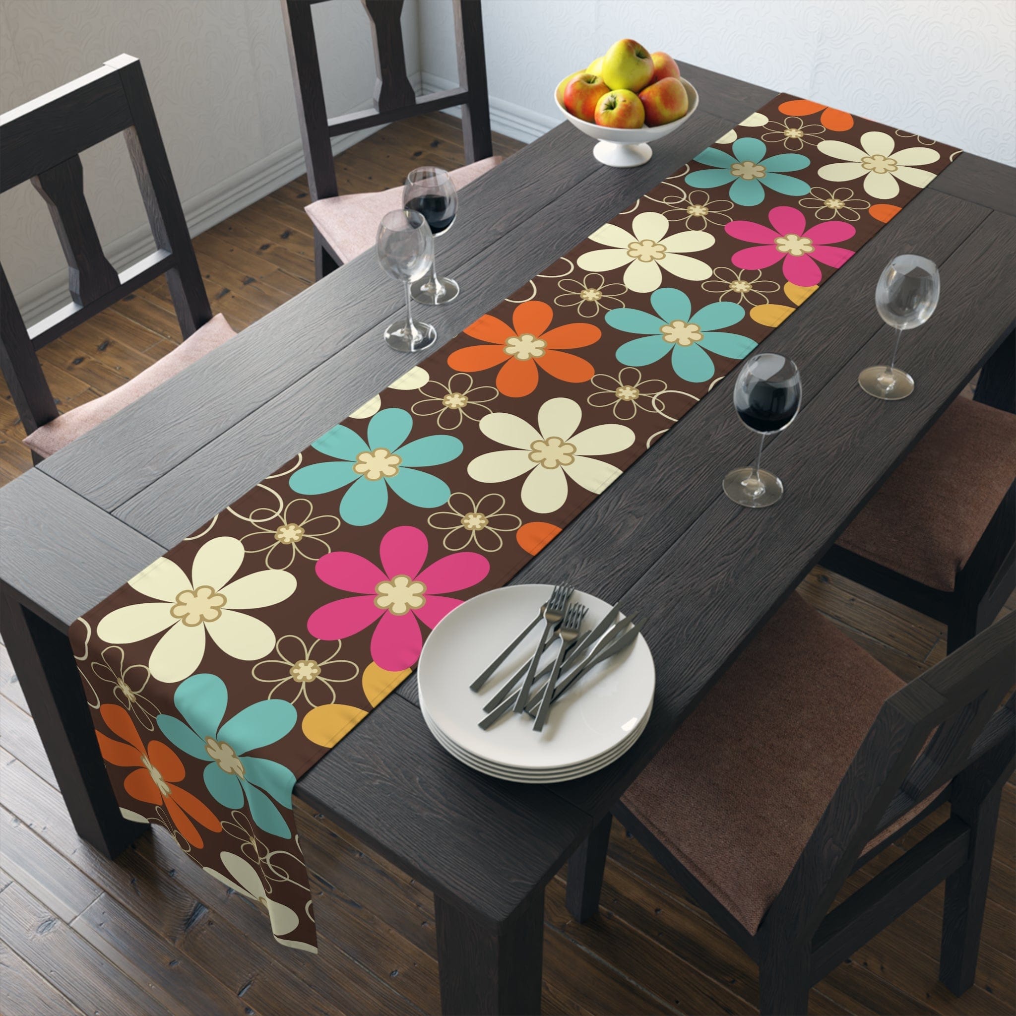 Kate McEnroe New York 70s Retro Groovy Hippie Flower Power Table Runner, Mid Century Modern Teal, Orange, Pink, Chocolate Floral Table LinensTable Runners12831667140516415411