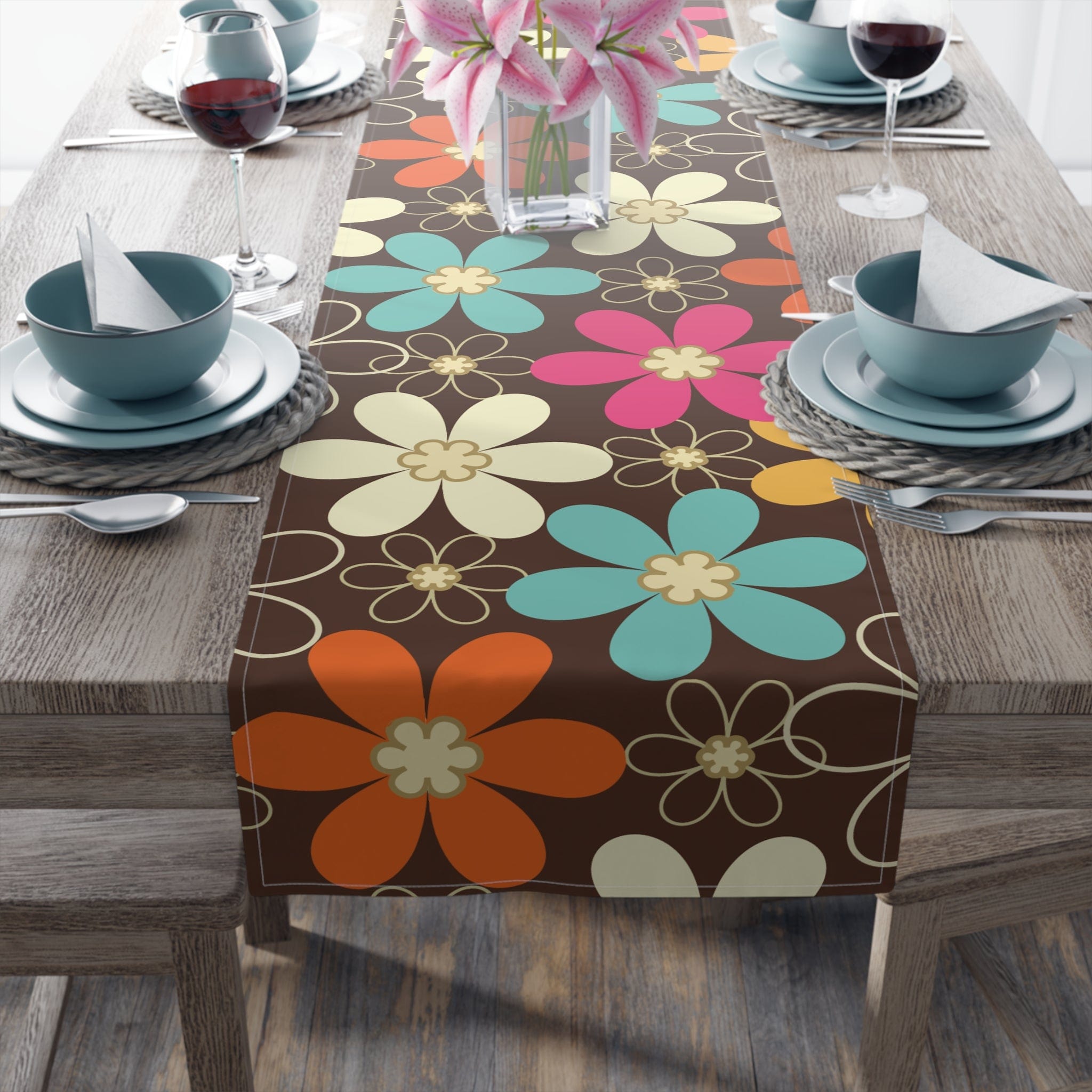 Kate McEnroe New York 70s Retro Groovy Hippie Flower Power Table Runner, Mid Century Modern Teal, Orange, Pink, Chocolate Floral Table LinensTable Runners12831667140516415411