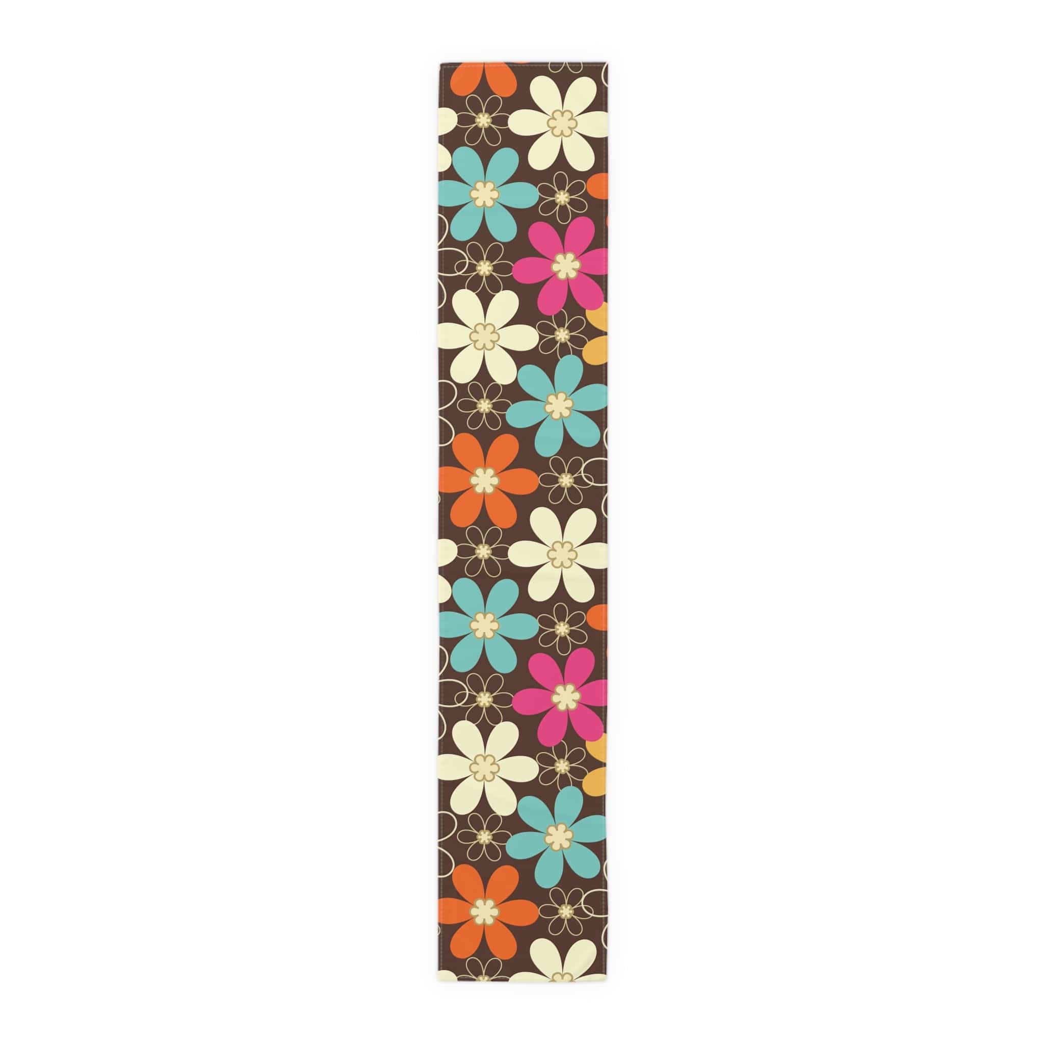 Kate McEnroe New York 70s Retro Groovy Hippie Flower Power Table Runner, Mid Century Modern Teal, Orange, Pink, Chocolate Floral Table LinensTable Runners12831667140516415411
