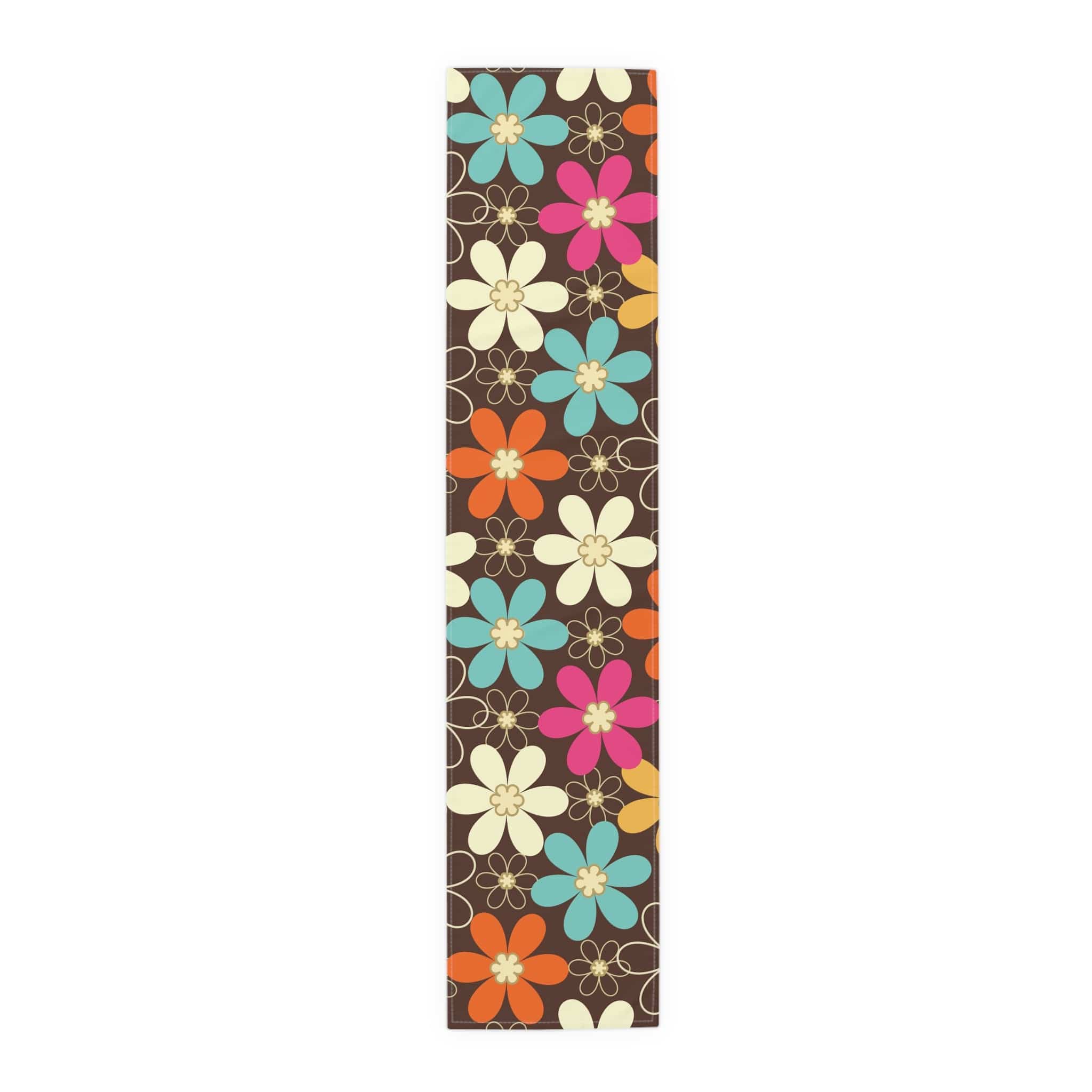 Kate McEnroe New York 70s Retro Groovy Hippie Flower Power Table Runner, Mid Century Modern Teal, Orange, Pink, Chocolate Floral Table LinensTable Runners29601855344989736549