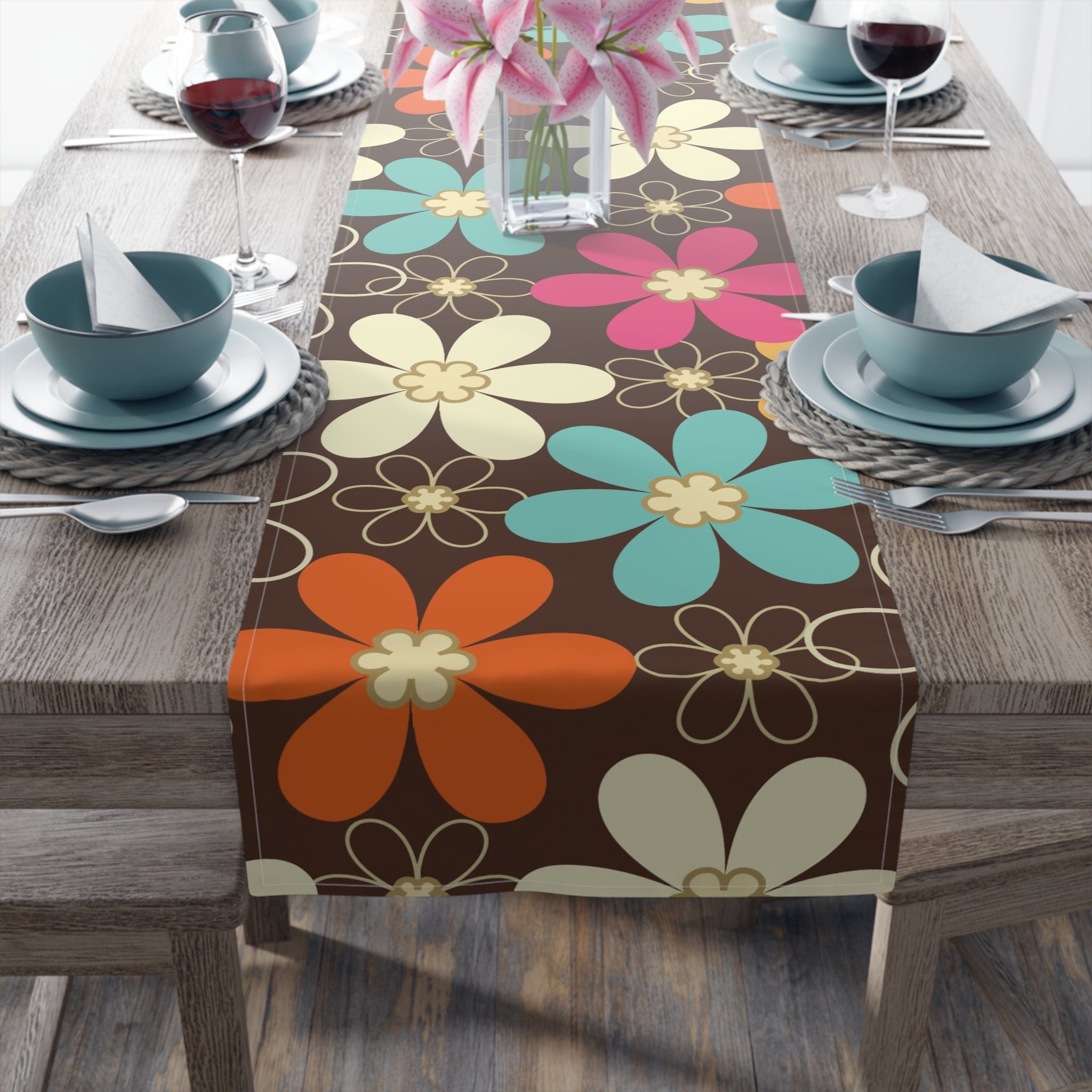 Kate McEnroe New York 70s Retro Groovy Hippie Flower Power Table Runner, Mid Century Modern Teal, Orange, Pink, Chocolate Floral Table LinensTable Runners29601855344989736549