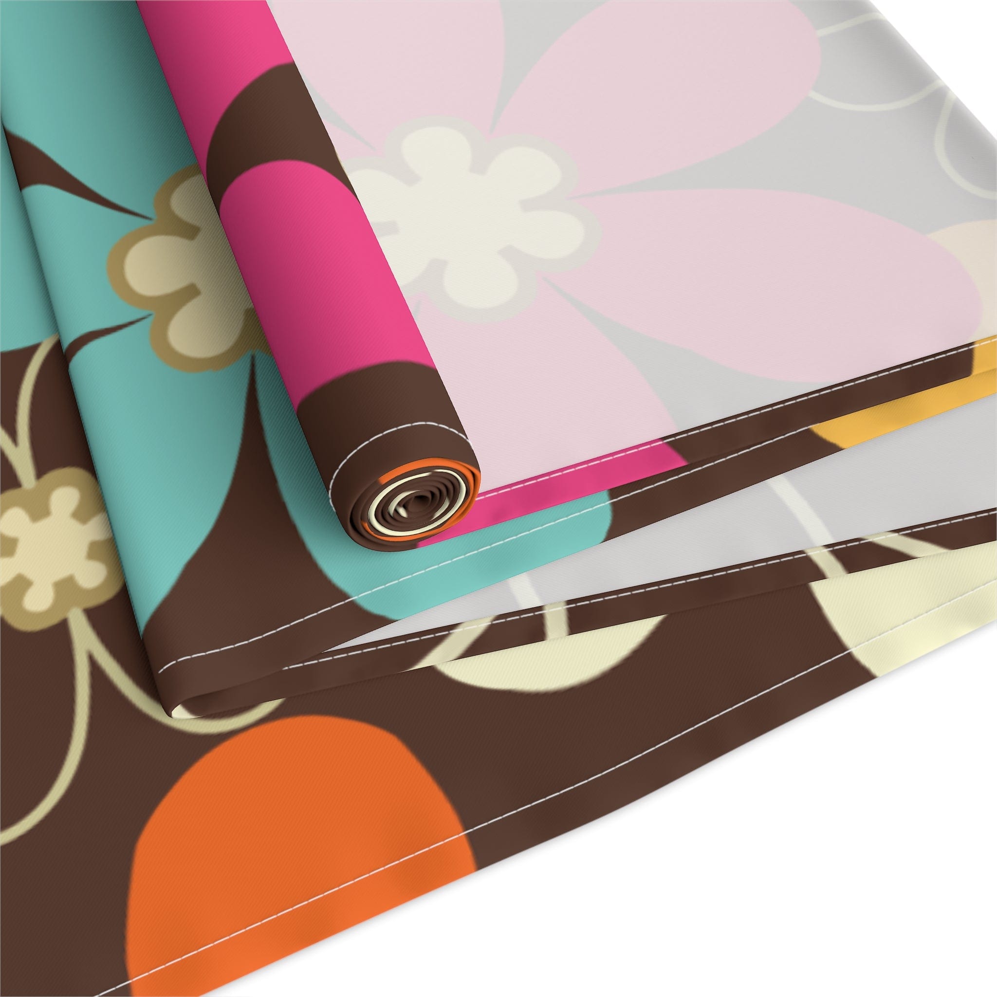 Kate McEnroe New York 70s Retro Groovy Hippie Flower Power Table Runner, Mid Century Modern Teal, Orange, Pink, Chocolate Floral Table LinensTable Runners29601855344989736549