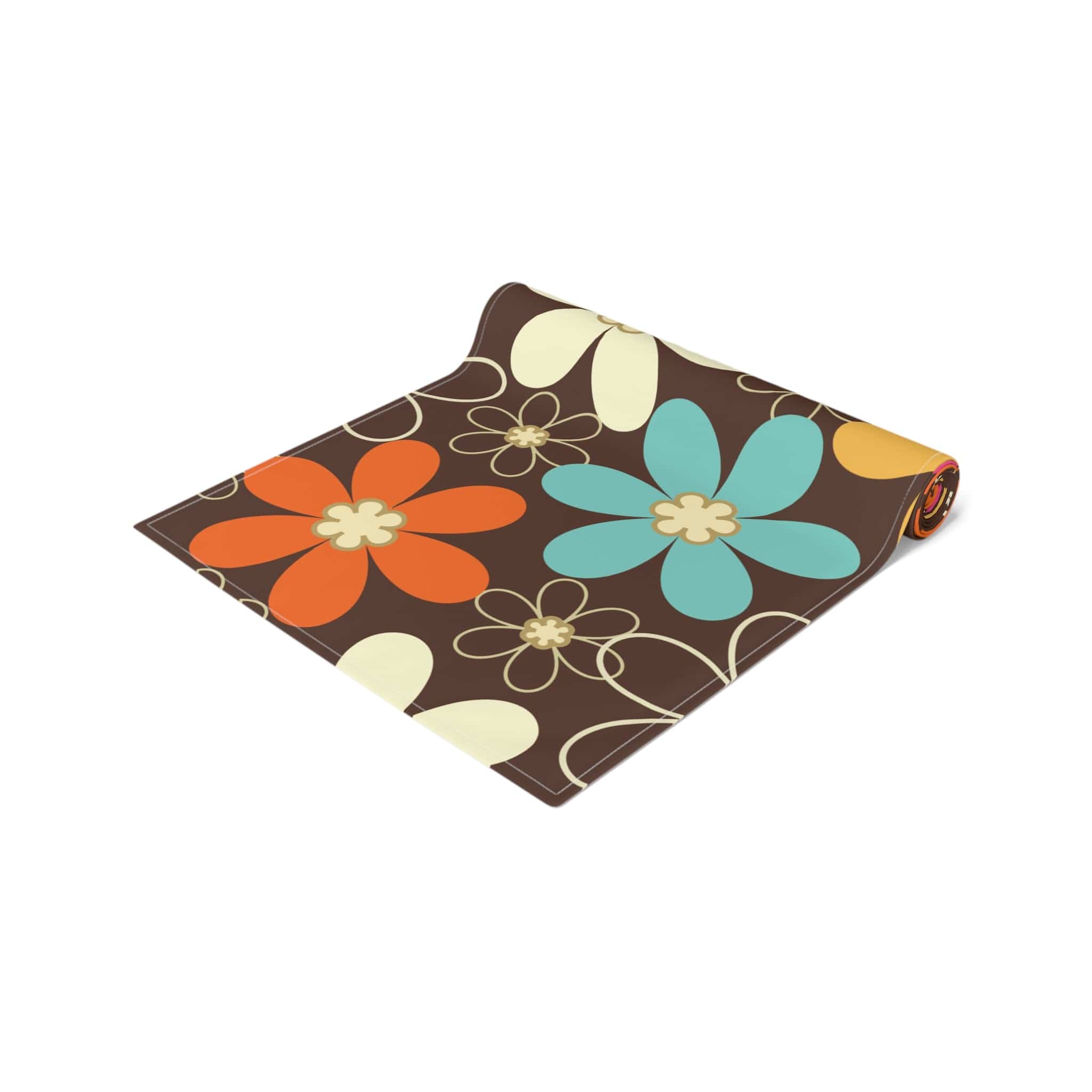 Kate McEnroe New York 70s Retro Groovy Hippie Flower Power Table Runner, Mid Century Modern Teal, Orange, Pink, Chocolate Floral Table LinensTable Runners29601855344989736549