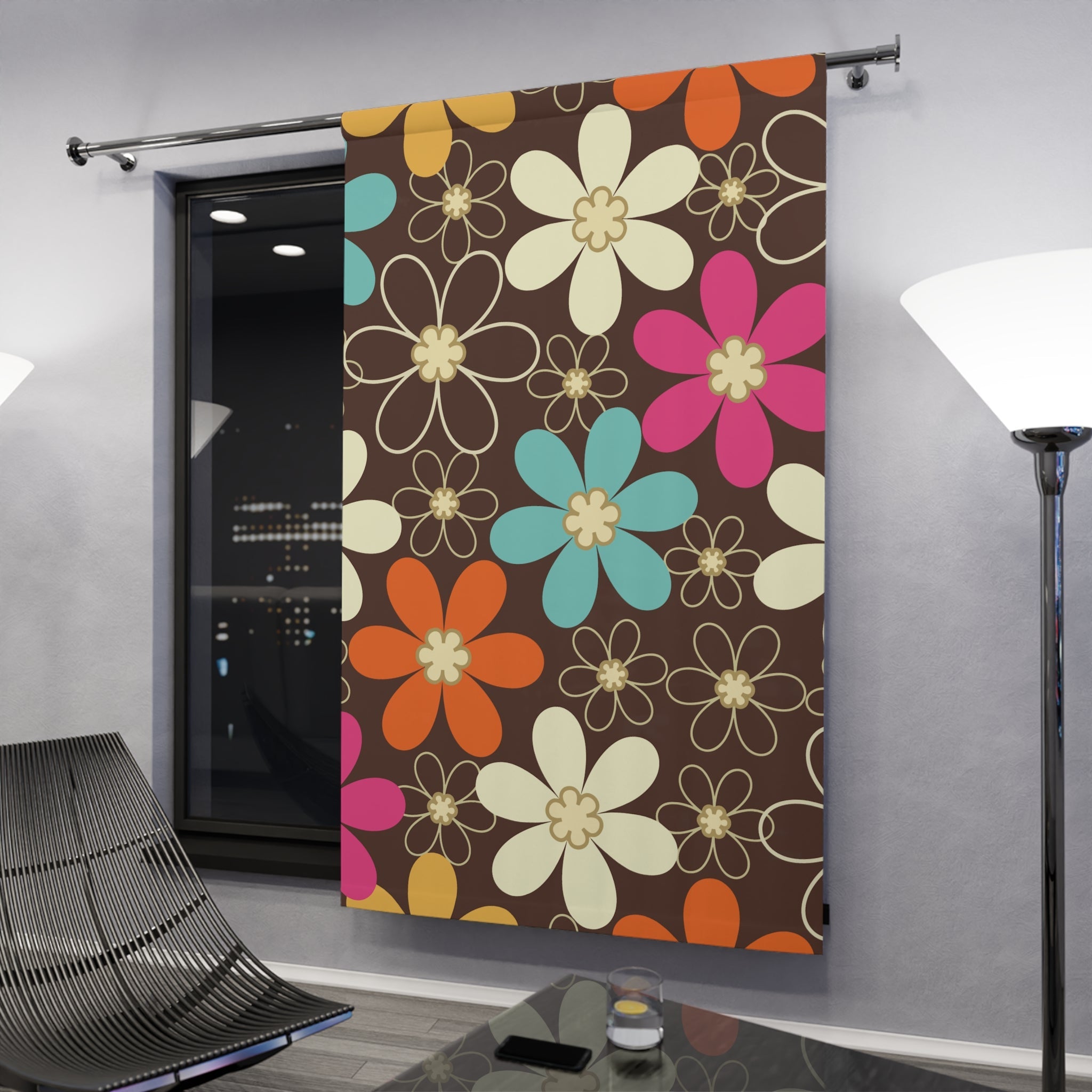 Kate McEnroe New York 70s Retro Groovy Hippie Flower Power Window Curtains, Mid Century Modern Teal, Orange, Pink, Chocolate Floral Blackout Curtain PanelWindow Curtains14677832814650977087