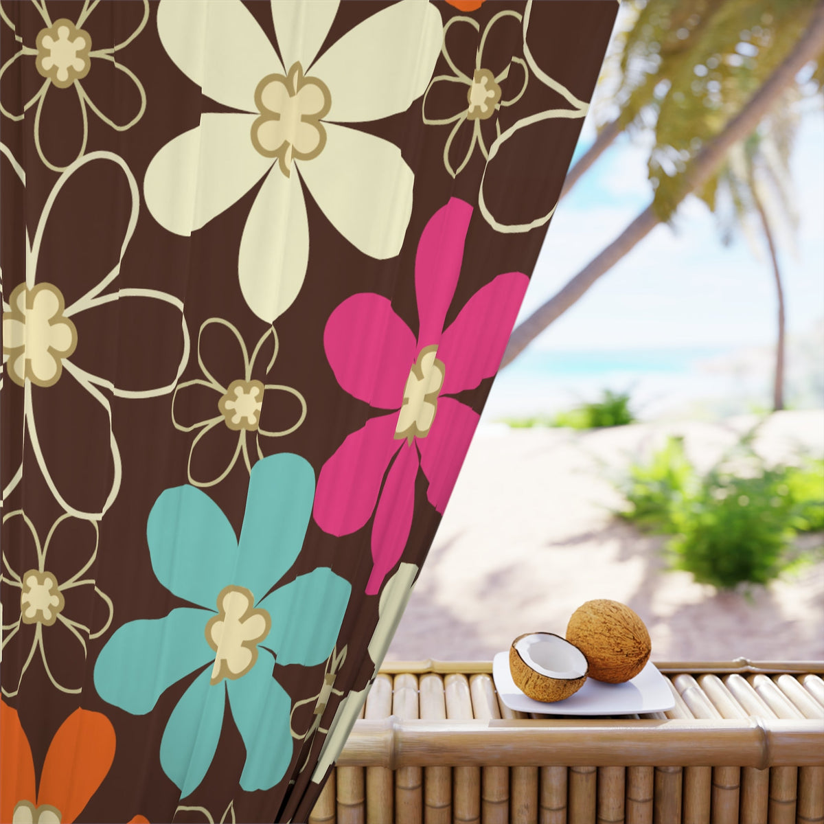Kate McEnroe New York 70s Retro Groovy Hippie Flower Power Window Curtains, Mid Century Modern Teal, Orange, Pink, Chocolate Floral Blackout Curtain PanelWindow Curtains14677832814650977087