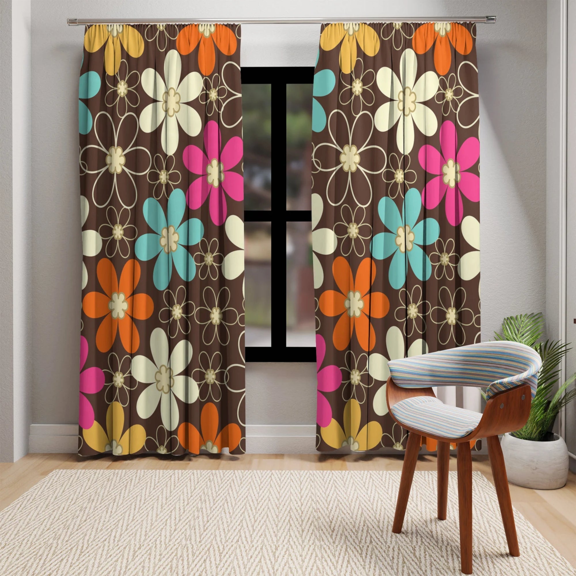 Kate McEnroe New York 70s Retro Groovy Hippie Flower Power Window Curtains, Mid Century Modern Teal, Orange, Pink, Chocolate Floral Blackout Curtain PanelWindow Curtains14677832814650977087