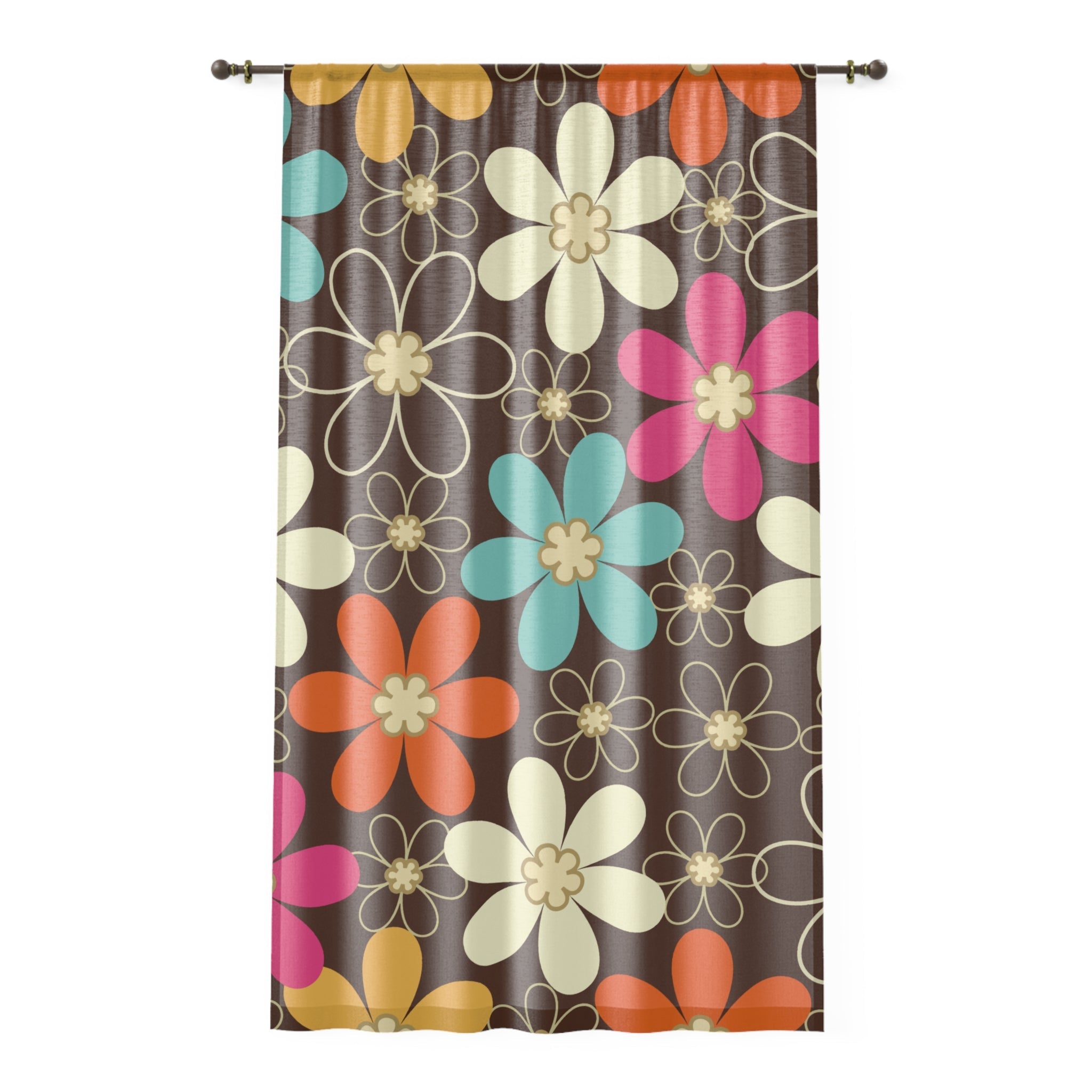 Kate McEnroe New York 70s Retro Groovy Hippie Flower Power Window Curtains, Mid Century Modern Teal, Orange, Pink, Chocolate Floral Curtain PanelWindow Curtains23024469501130377749