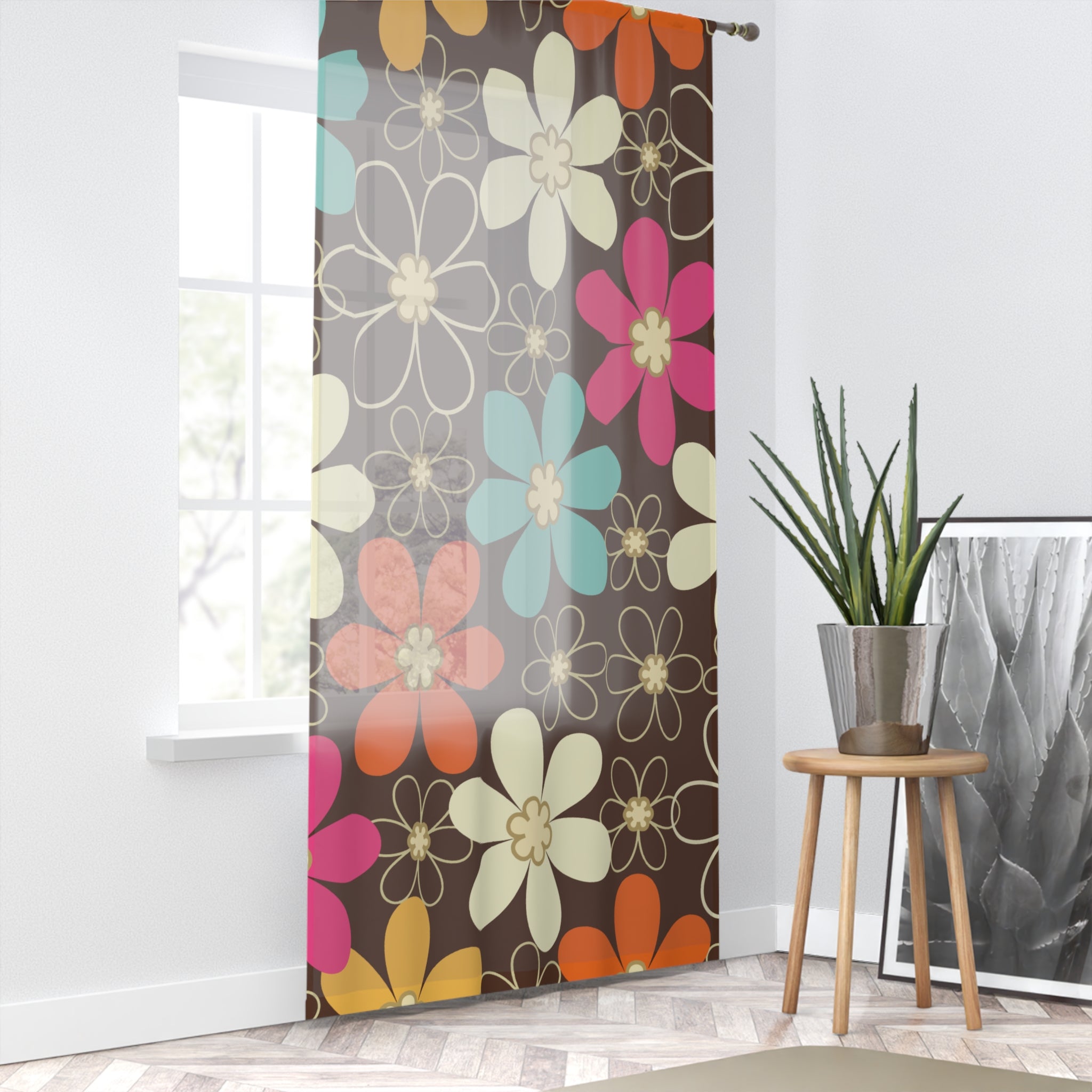 Kate McEnroe New York 70s Retro Groovy Hippie Flower Power Window Curtains, Mid Century Modern Teal, Orange, Pink, Chocolate Floral Curtain PanelWindow Curtains23024469501130377749