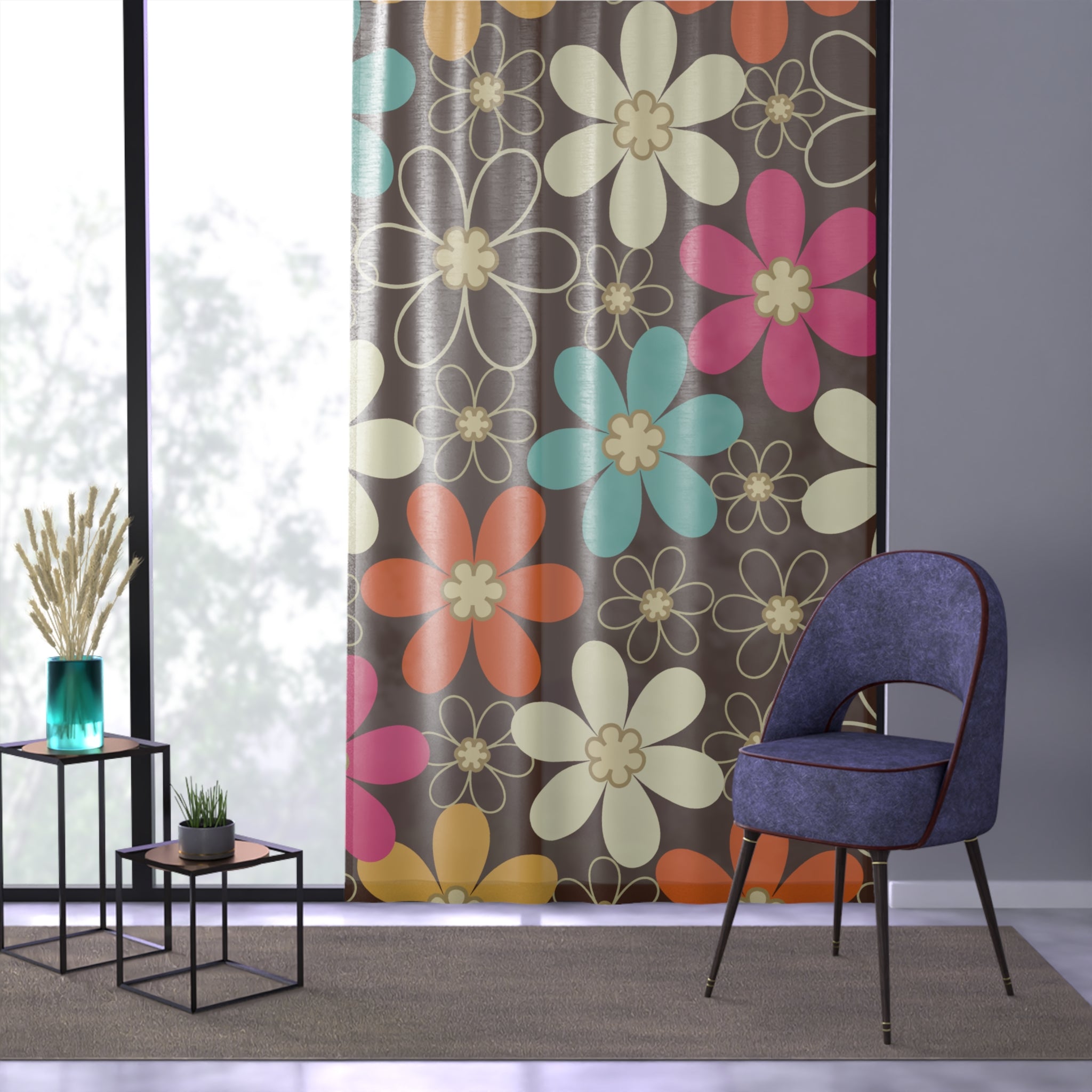 Kate McEnroe New York 70s Retro Groovy Hippie Flower Power Window Curtains, Mid Century Modern Teal, Orange, Pink, Chocolate Floral Curtain PanelWindow Curtains23024469501130377749