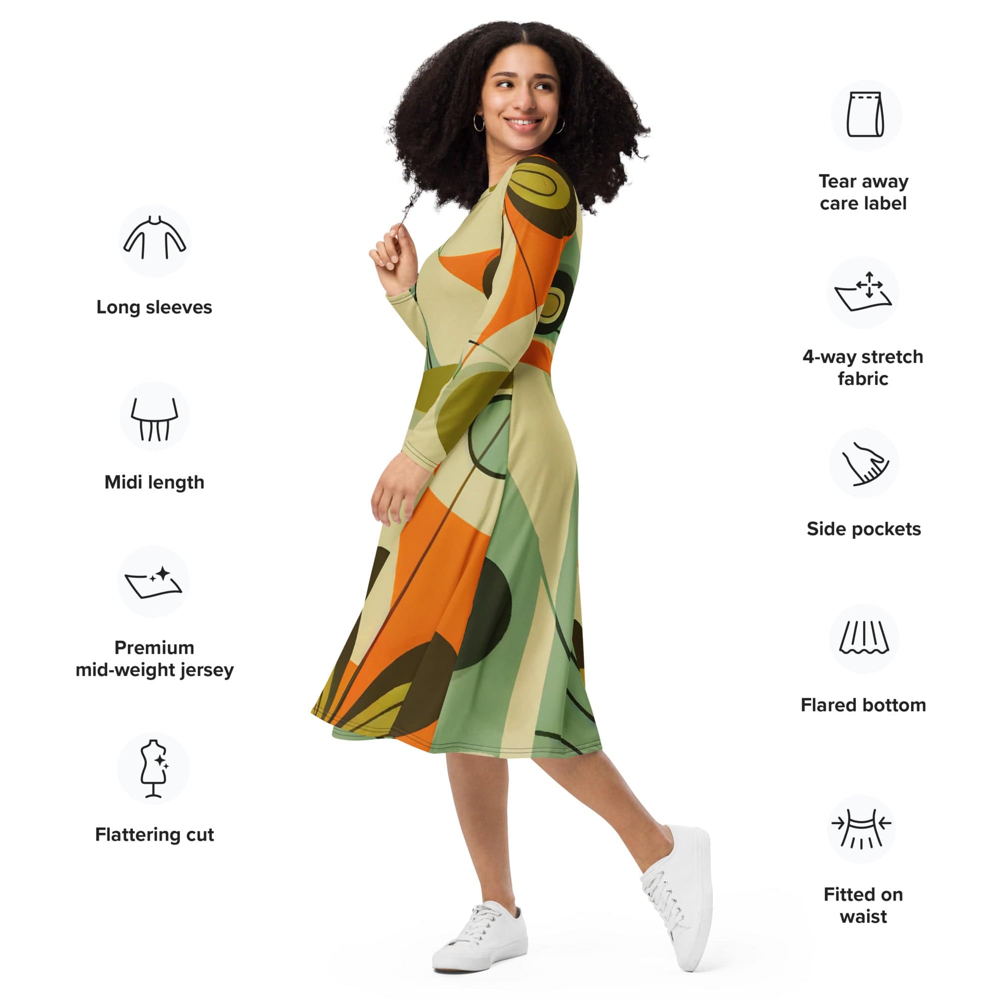 Kate McEnroe New York 70s Retro Groovy Mid Century Modern Floral Printed Bohemian Boho Long Sleeve Midi Dress - 132282823Dresses6142473_15103