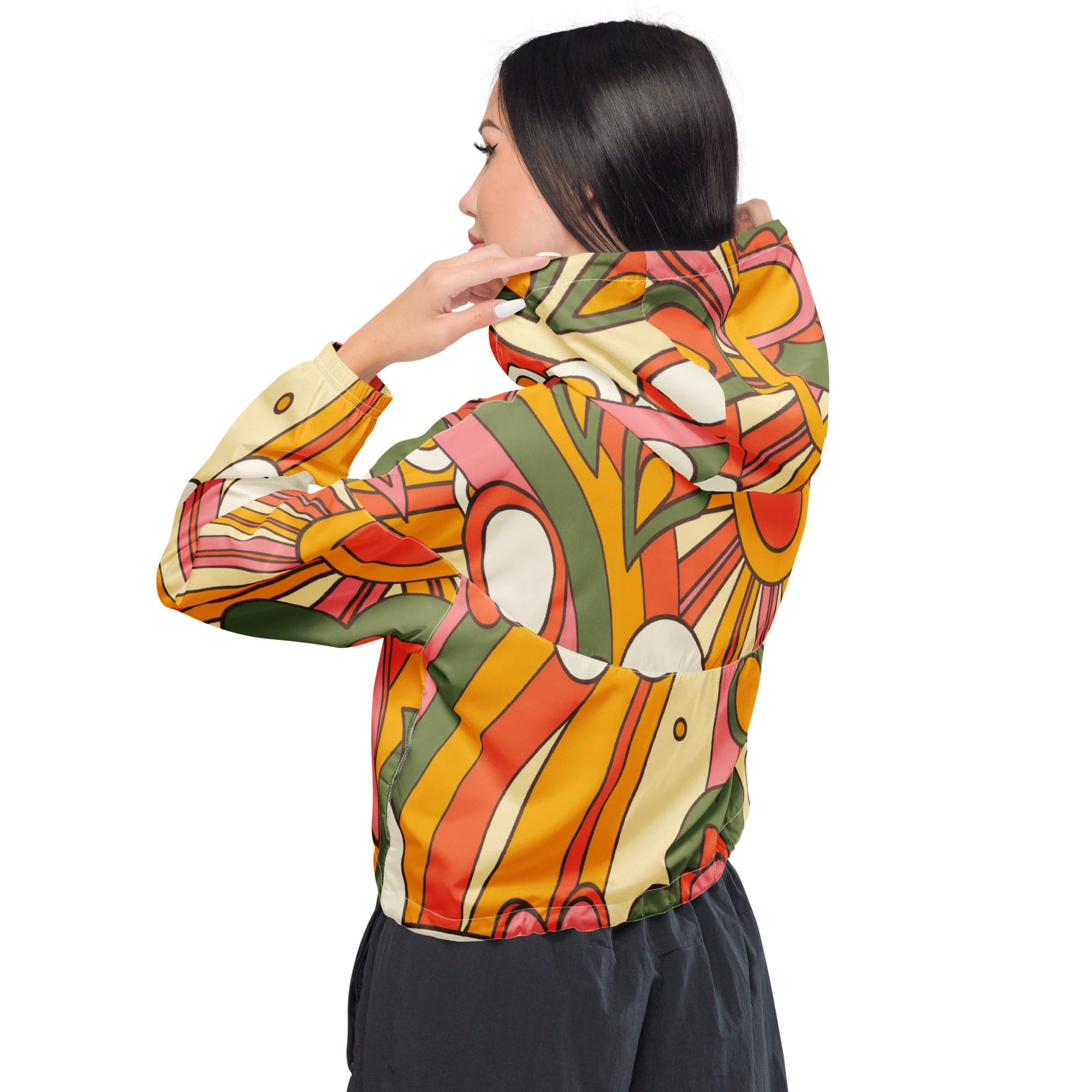 Kate McEnroe New York 70s Retro Sunshine Mid Century Modern Hippie, Orange, Yellow Women’s Cropped WindbreakerJackets9276292_15800