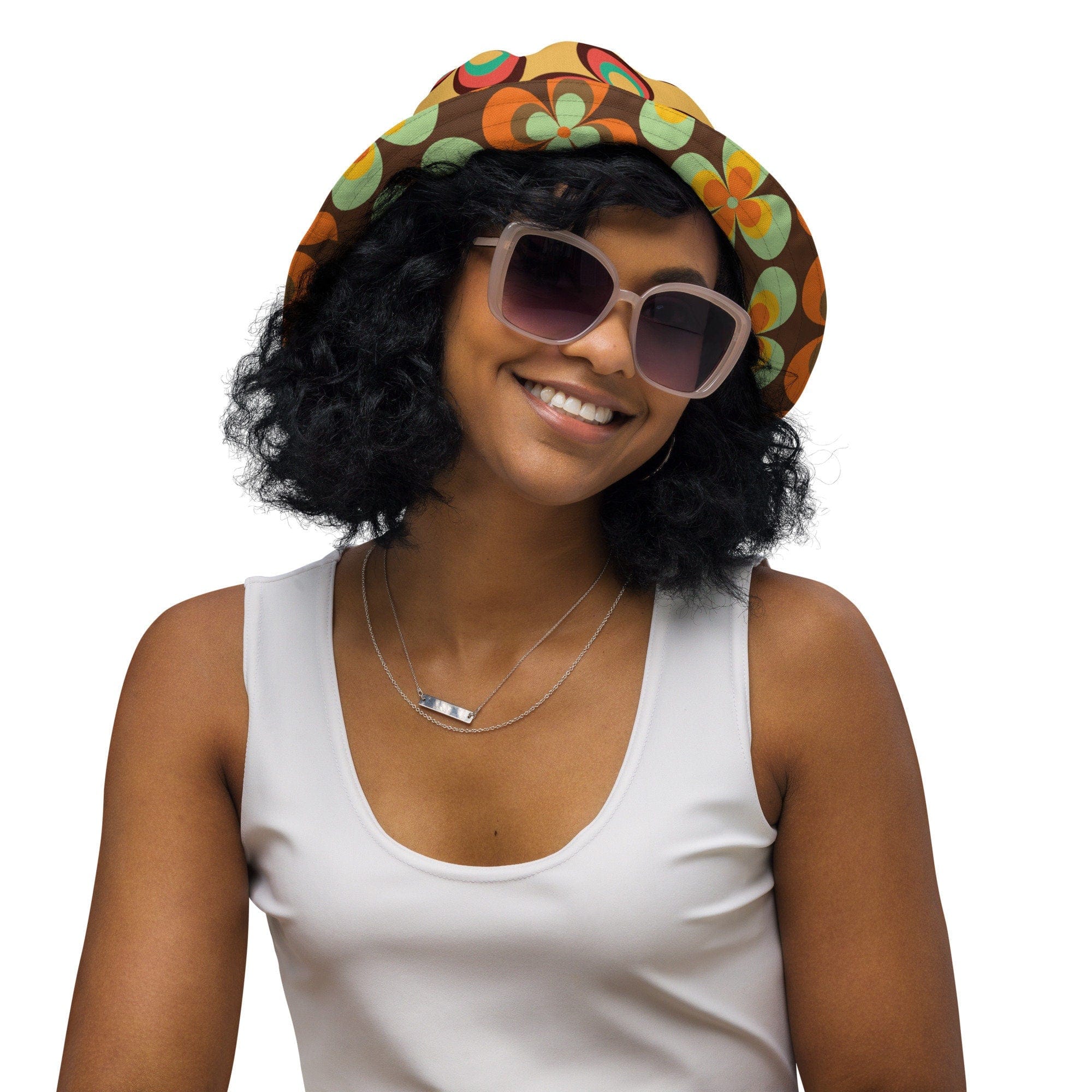 Kate McEnroe New York 70s Retro Vintage Floral Reversible Bucket Hat, Mid Century Modern Daisy Women&