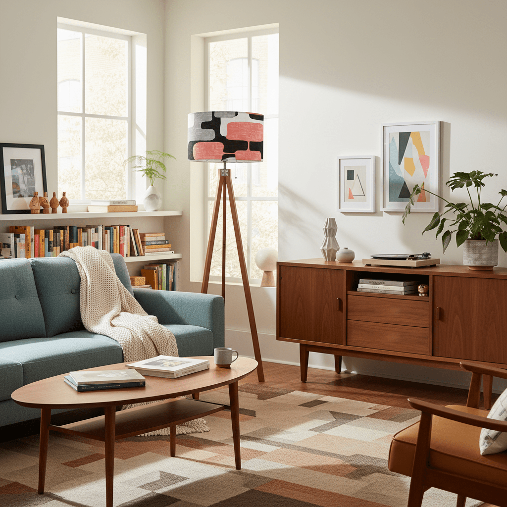 Kate McEnroe New York Abstract Geometric Coral Pink Retro Mid Century Modern Tripod Floor LampTripod Floor LampsuglwNhOk7e