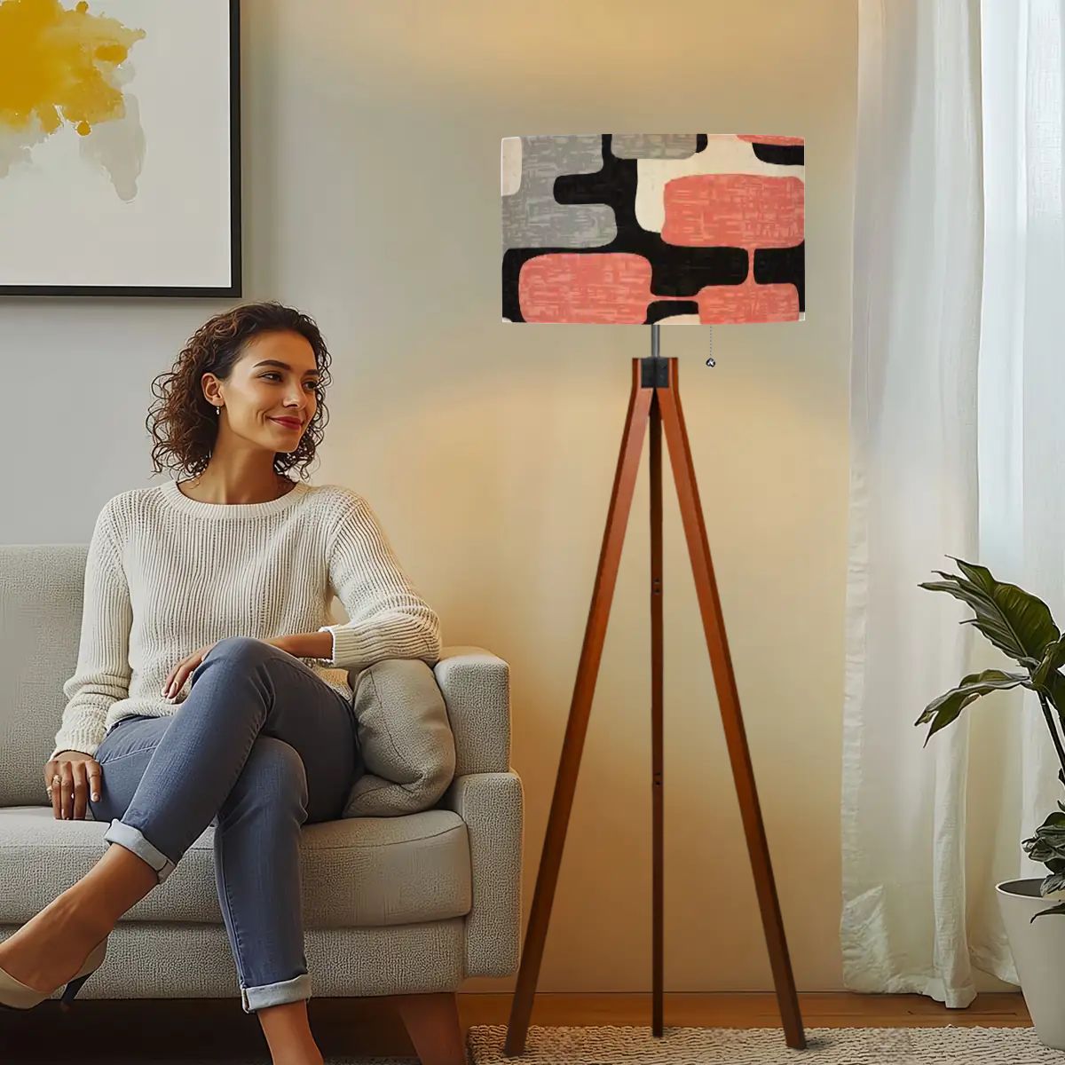 Kate McEnroe New York Abstract Geometric Coral Pink Retro Mid Century Modern Tripod Floor LampTripod Floor LampsuglwNhOk7e