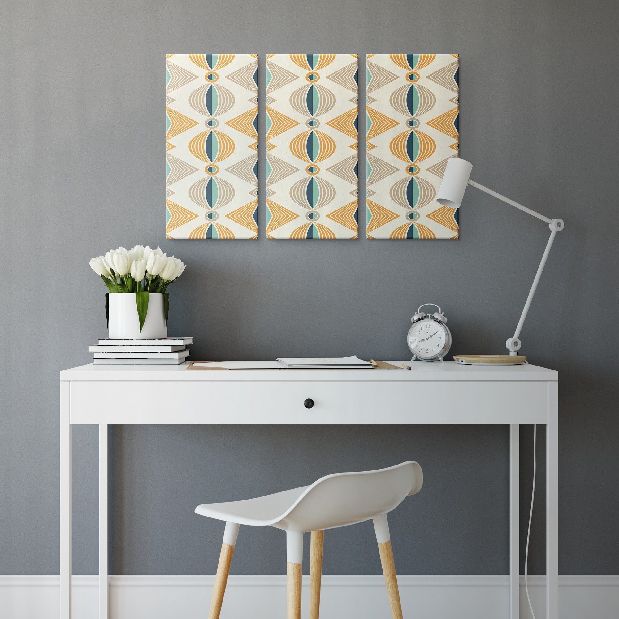 Kate McEnroe New York Art Deco Mid Century Modern Wall Art Set, 3 Piece Retro Geometric Canvas, Bold Graphic Pattern Decor, Vintage 1960s Home AccentCanvas12x24x3