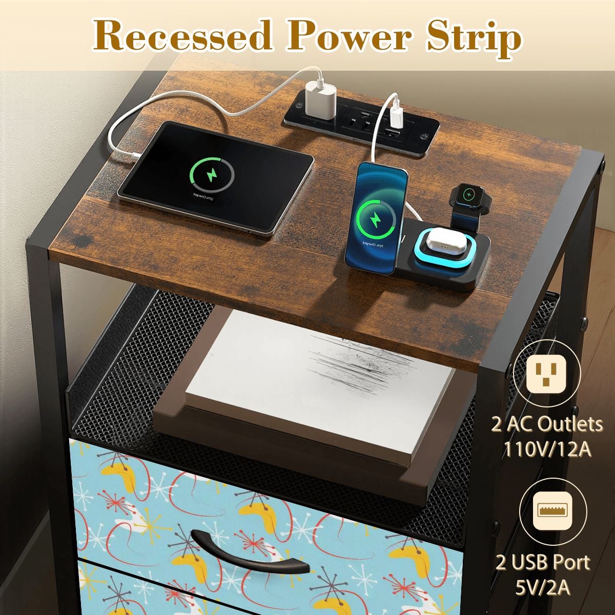 Kate McEnroe New York Atomic 50s Boomerang Starburst Mid Century Modern 2 Drawer Nightstand Charging StationNightStandsORXs01rdjj