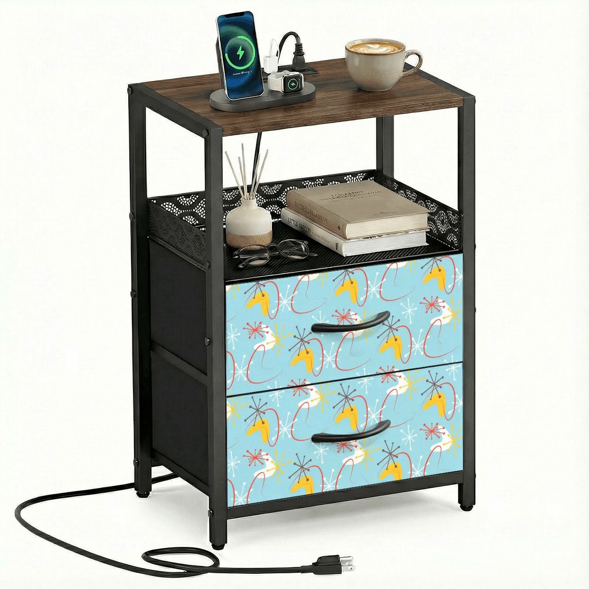 Kate McEnroe New York Atomic 50s Boomerang Starburst Mid Century Modern 2 Drawer Nightstand Charging StationNightStandsORXs01rdjj