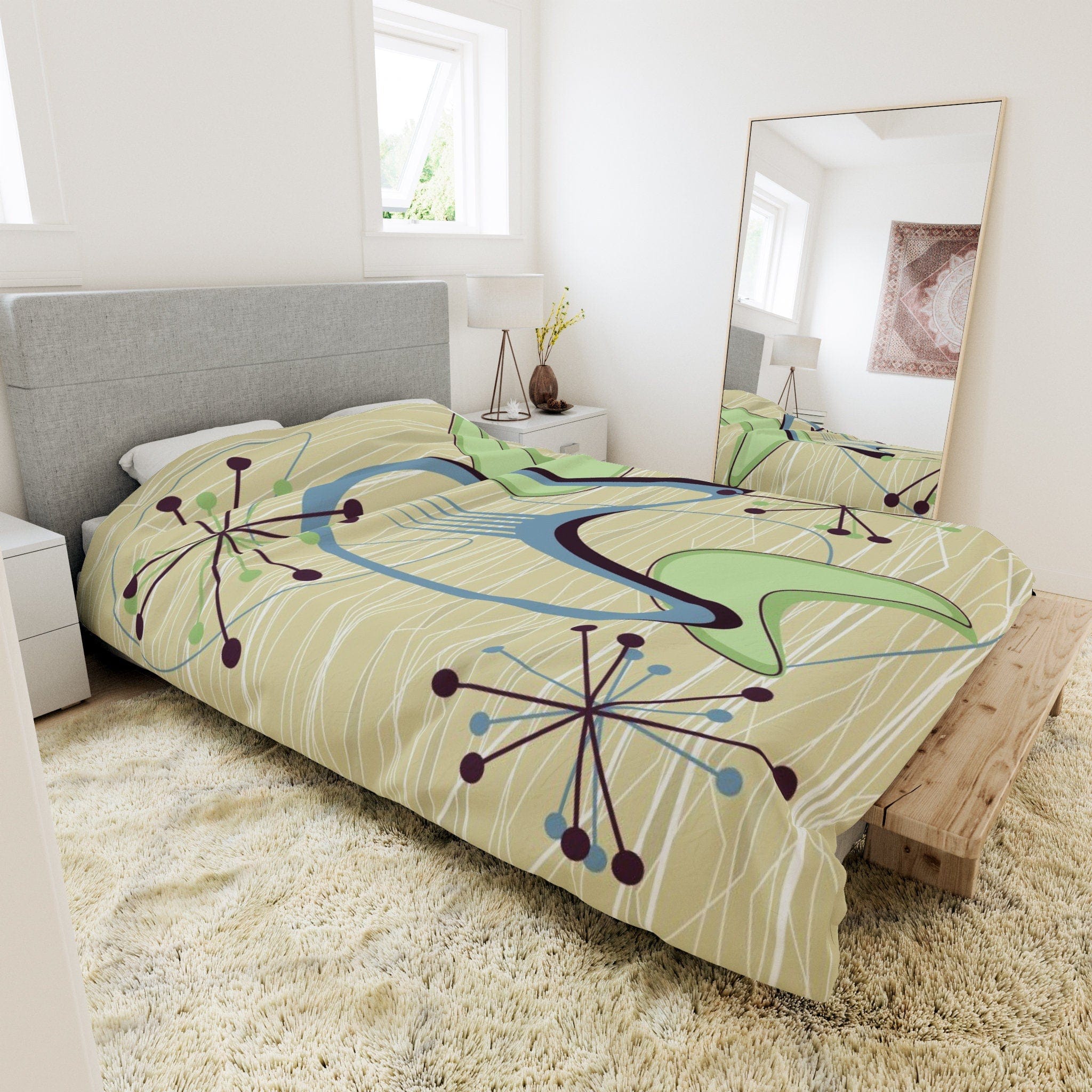Kate McEnroe New York Atomic Boomerang 1950s Mid Century Modern Duvet Cover, Retro Vintage Beige, Blue, Green Geometric Starburst Queen, King, Twin, XL BeddingDuvet Covers32048312463302339786