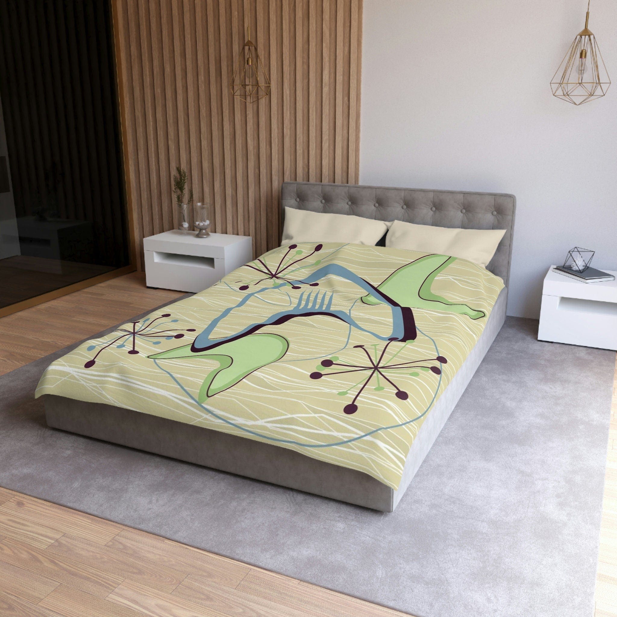 Kate McEnroe New York Atomic Boomerang 1950s Mid Century Modern Duvet Cover, Retro Vintage Beige, Blue, Green Geometric Starburst Queen, King, Twin, XL BeddingDuvet Covers32048312463302339786