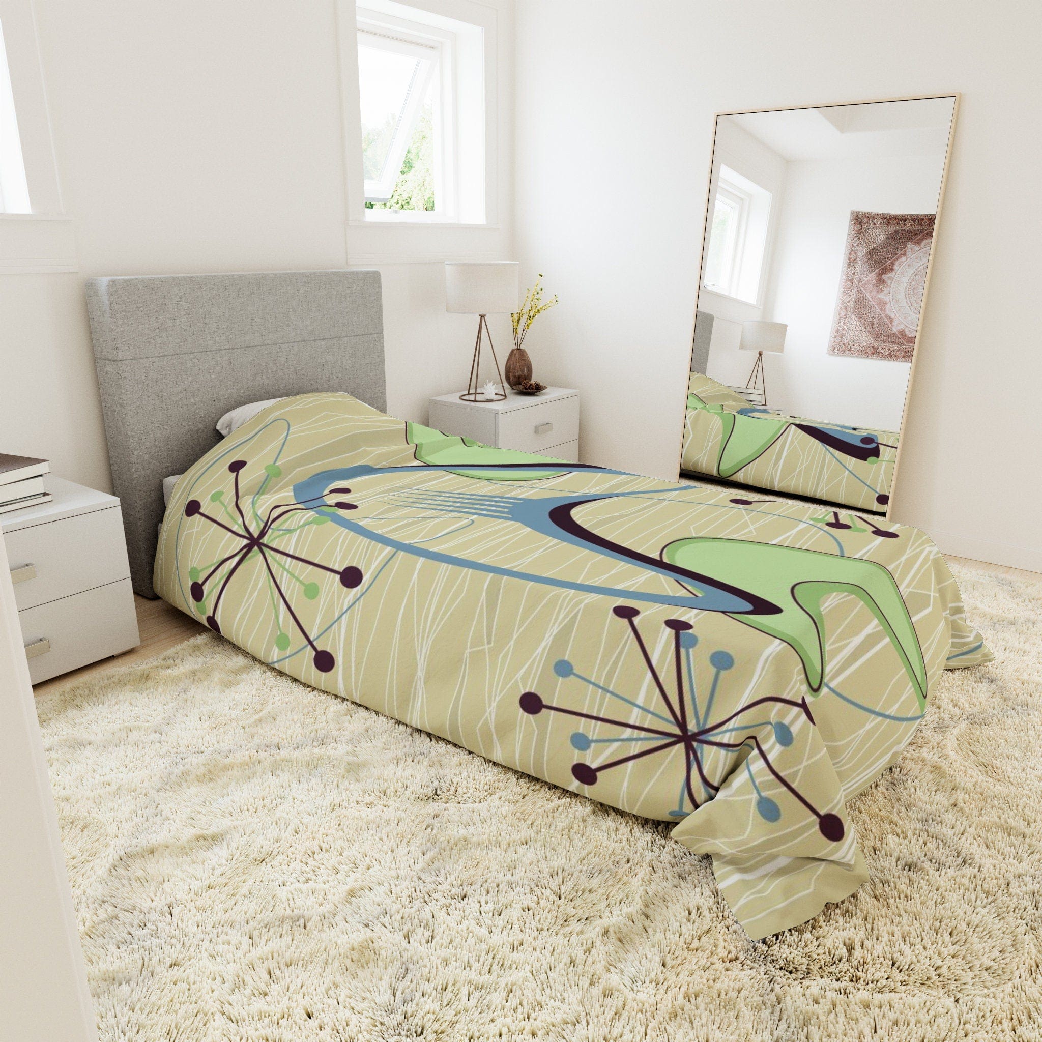 Kate McEnroe New York Atomic Boomerang 1950s Mid Century Modern Duvet Cover, Retro Vintage Beige, Blue, Green Geometric Starburst Queen, King, Twin, XL BeddingDuvet Covers32048312463302339786
