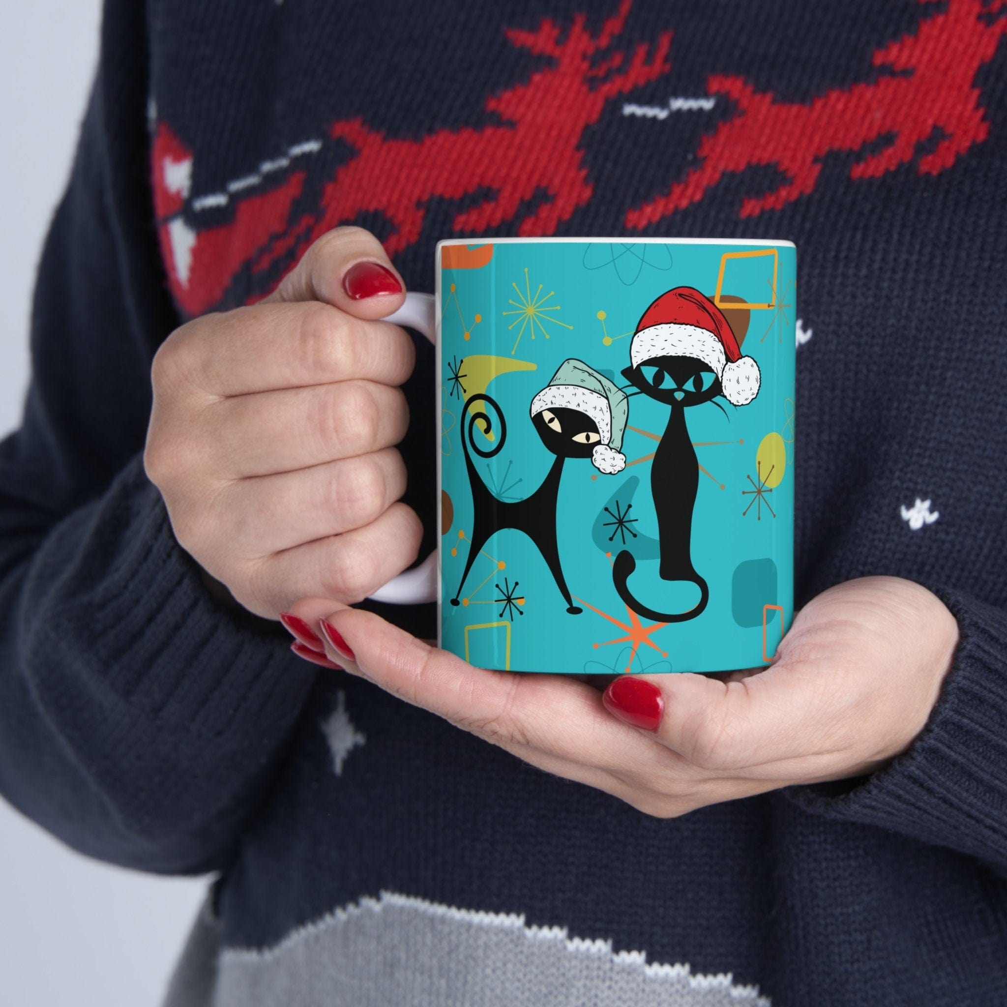 Kate McEnroe New York Atomic Cat 50s Retro Mid Mod Christmas Mug, Mid Century Modern Kitschy Holiday Drinkware, MCM Boomerang Starburst Holiday Coffee MugMugs36467588901087150434