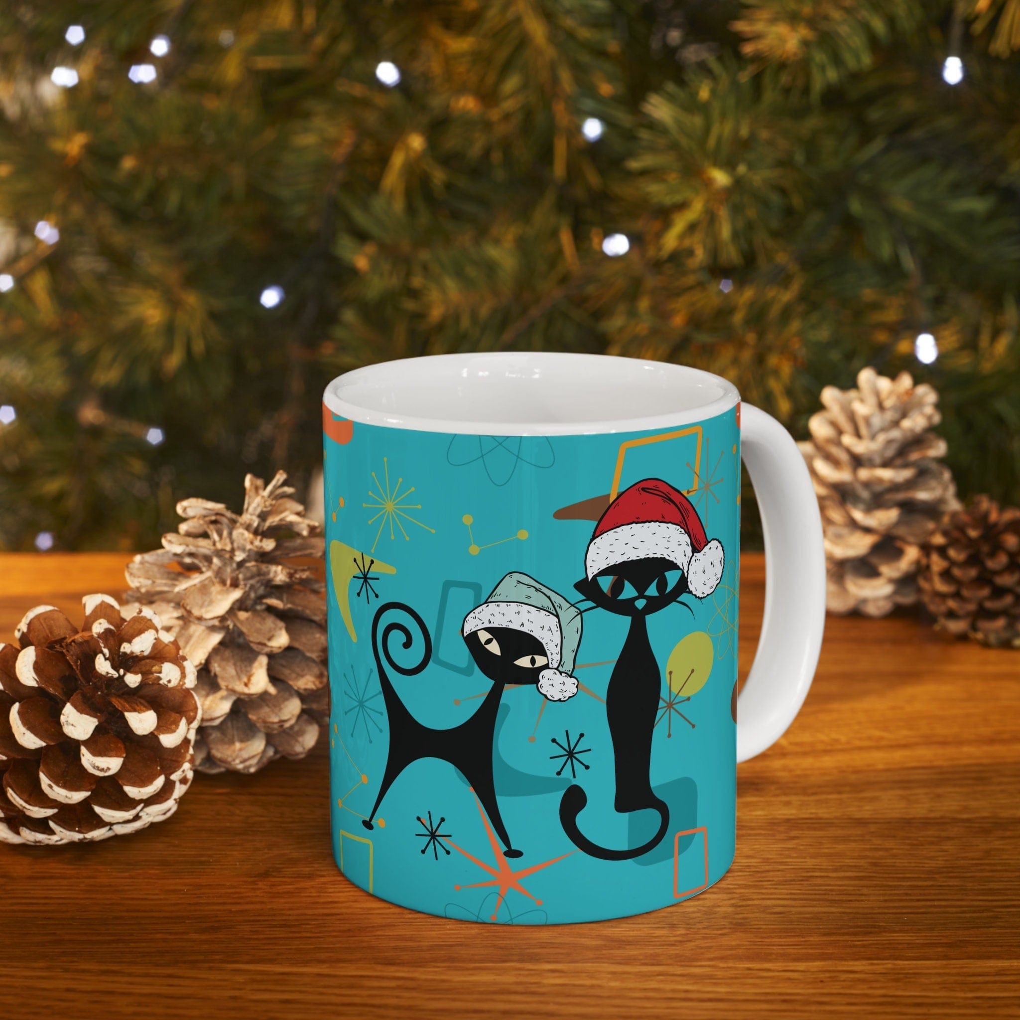 Kate McEnroe New York Atomic Cat 50s Retro Mid Mod Christmas Mug, Mid Century Modern Kitschy Holiday Drinkware, MCM Boomerang Starburst Holiday Coffee MugMugs36467588901087150434
