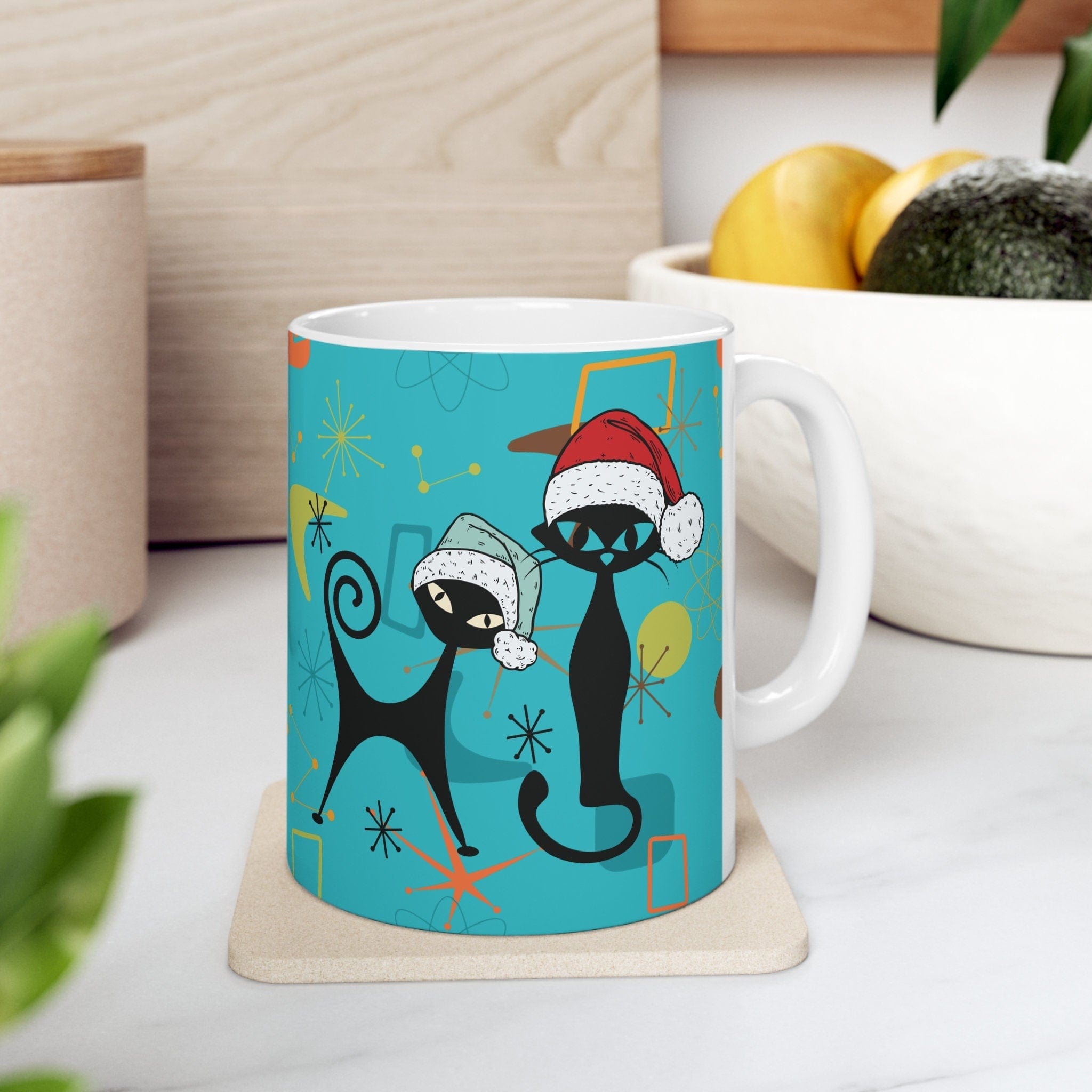 Kate McEnroe New York Atomic Cat 50s Retro Mid Mod Christmas Mug, Mid Century Modern Kitschy Holiday Drinkware, MCM Boomerang Starburst Holiday Coffee MugMugs36467588901087150434