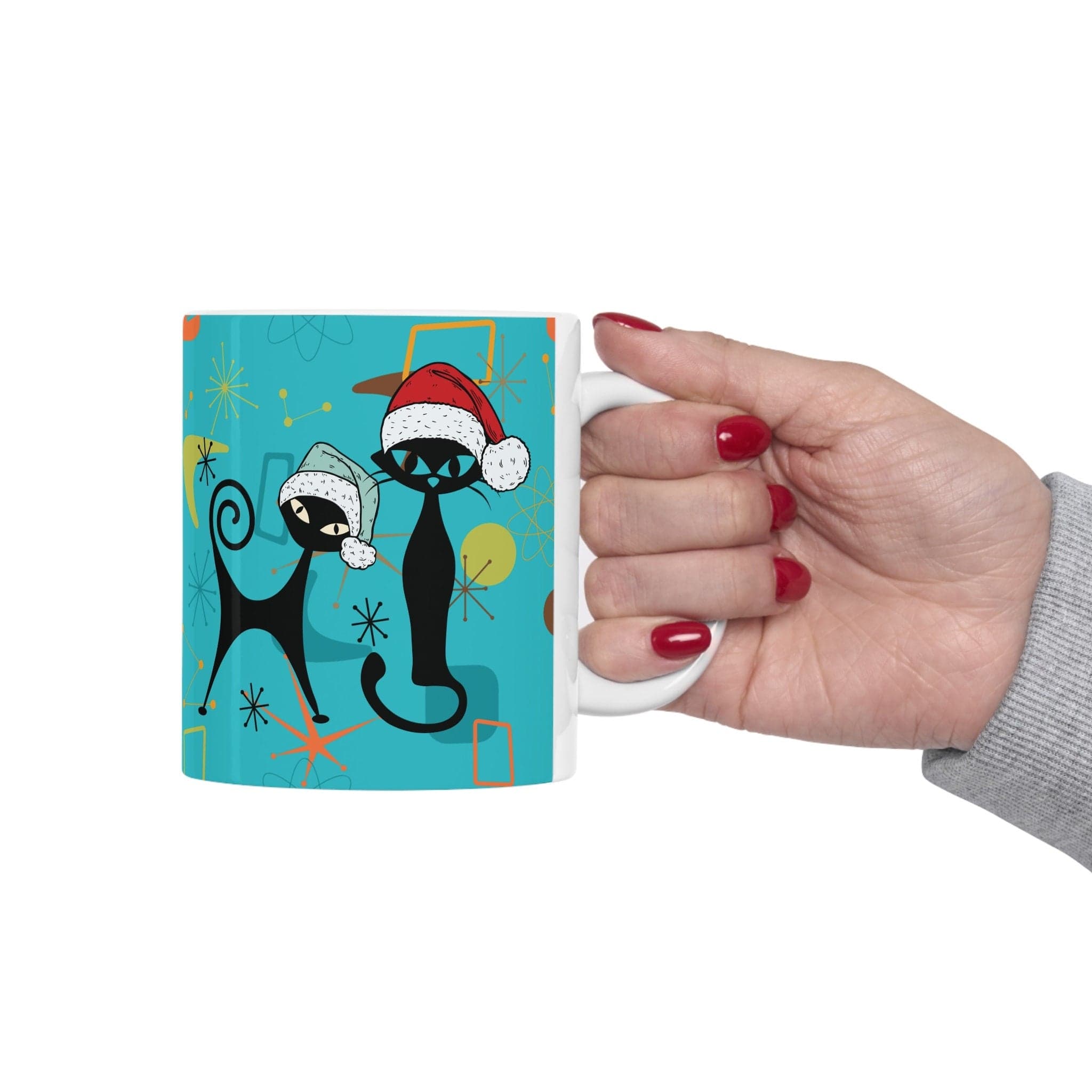 Kate McEnroe New York Atomic Cat 50s Retro Mid Mod Christmas Mug, Mid Century Modern Kitschy Holiday Drinkware, MCM Boomerang Starburst Holiday Coffee MugMugs36467588901087150434
