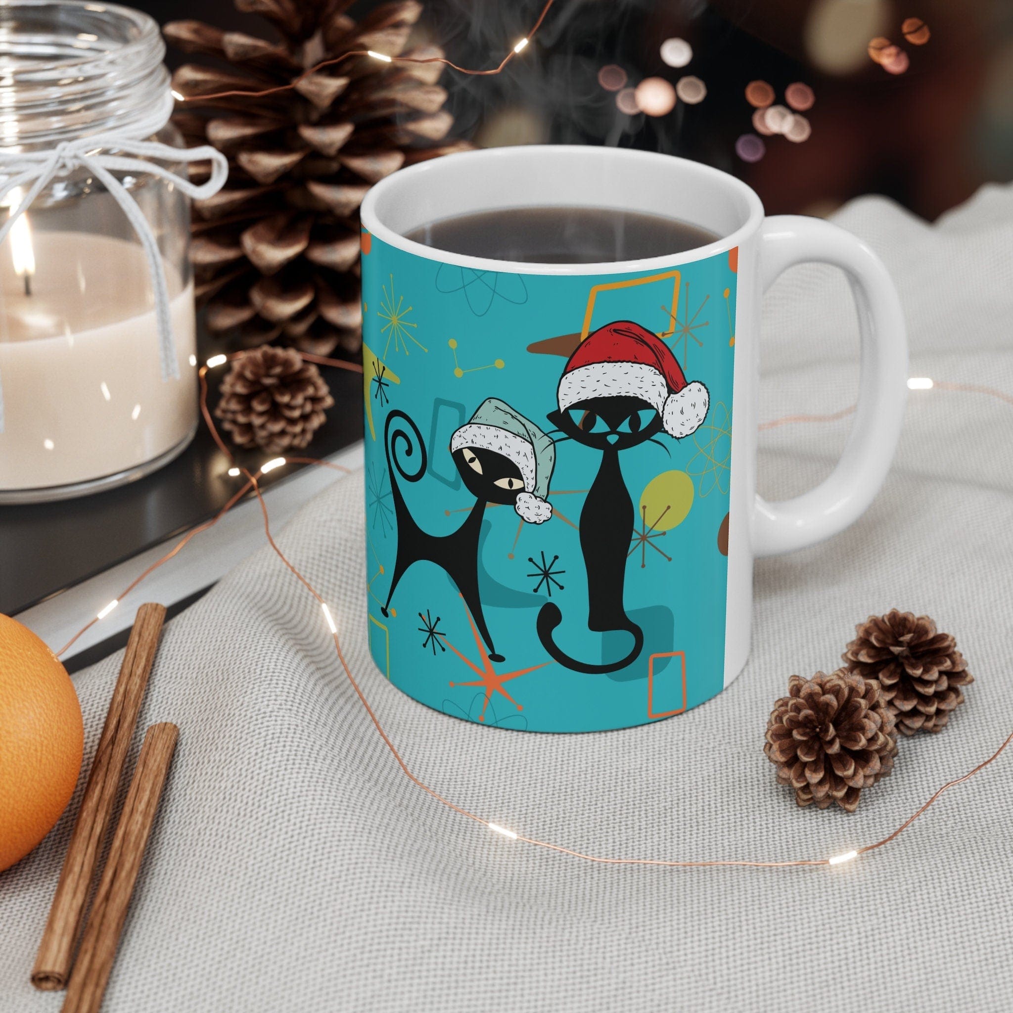 Kate McEnroe New York Atomic Cat 50s Retro Mid Mod Christmas Mug, Mid Century Modern Kitschy Holiday Drinkware, MCM Boomerang Starburst Holiday Coffee MugMugs36467588901087150434