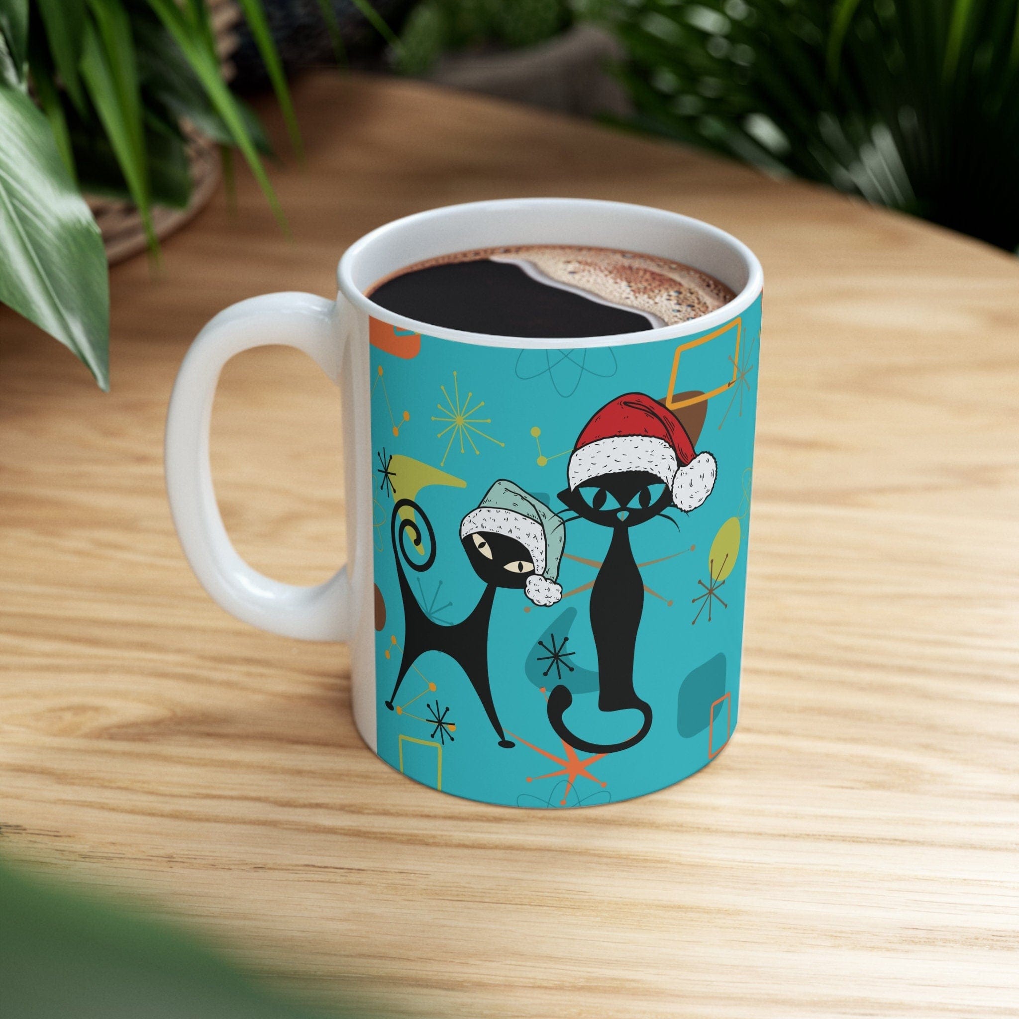 Kate McEnroe New York Atomic Cat 50s Retro Mid Mod Christmas Mug, Mid Century Modern Kitschy Holiday Drinkware, MCM Boomerang Starburst Holiday Coffee MugMugs36467588901087150434