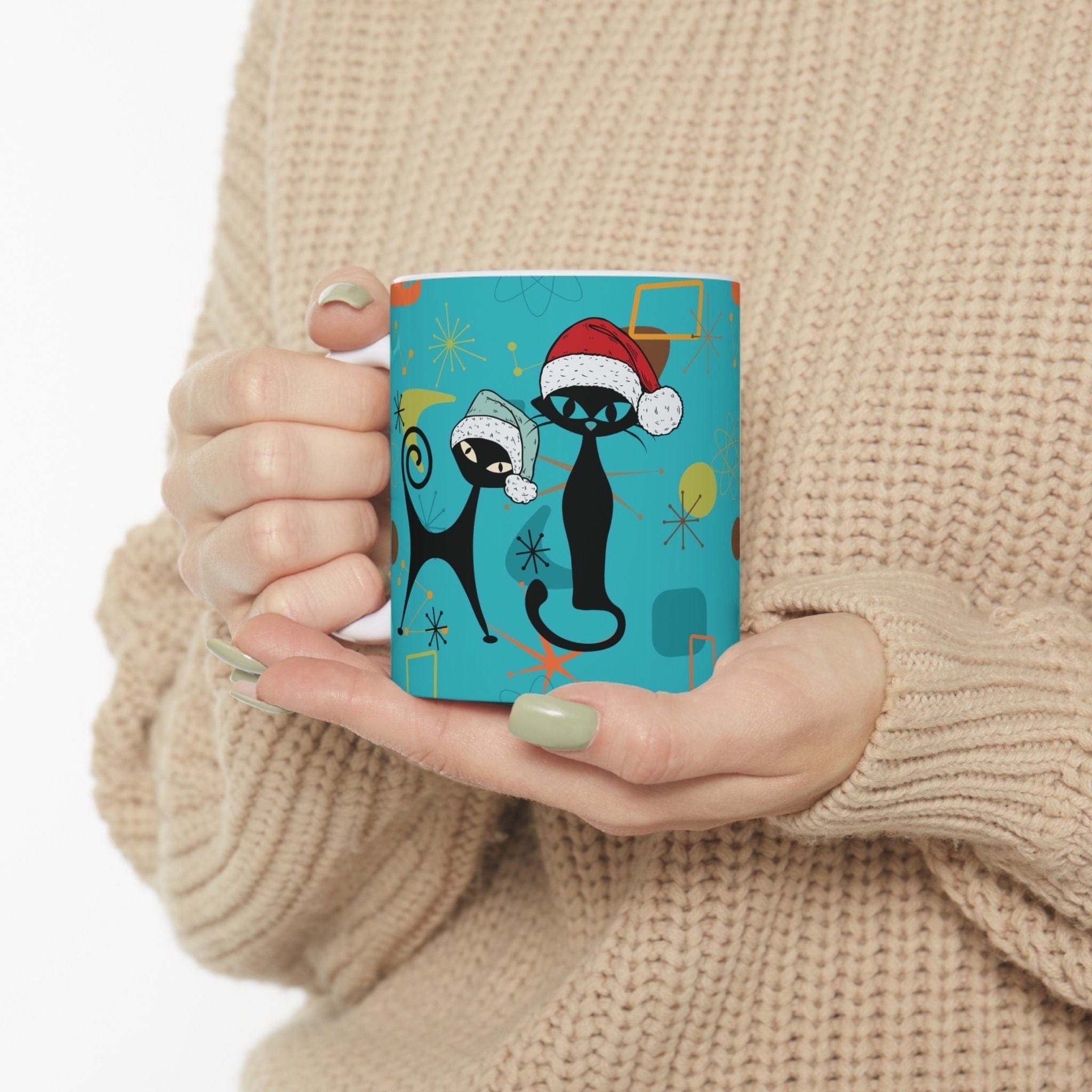Kate McEnroe New York Atomic Cat 50s Retro Mid Mod Christmas Mug, Mid Century Modern Kitschy Holiday Drinkware, MCM Boomerang Starburst Holiday Coffee MugMugs36467588901087150434