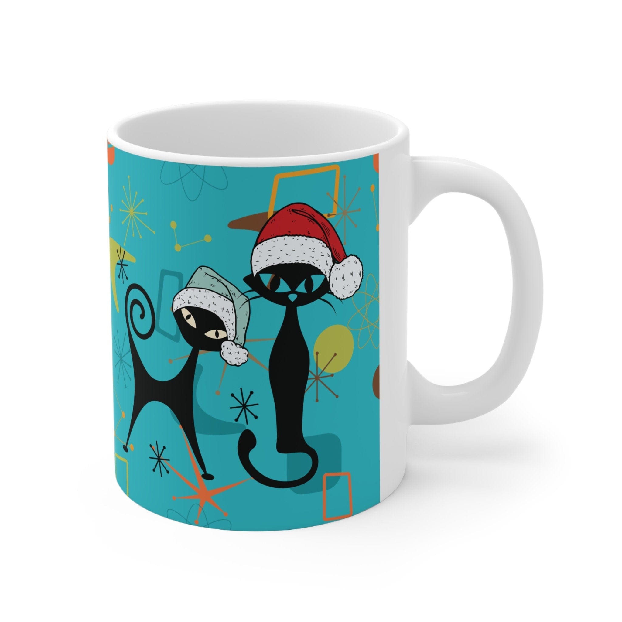 Kate McEnroe New York Atomic Cat 50s Retro Mid Mod Christmas Mug, Mid Century Modern Kitschy Holiday Drinkware, MCM Boomerang Starburst Holiday Coffee MugMugs36467588901087150434