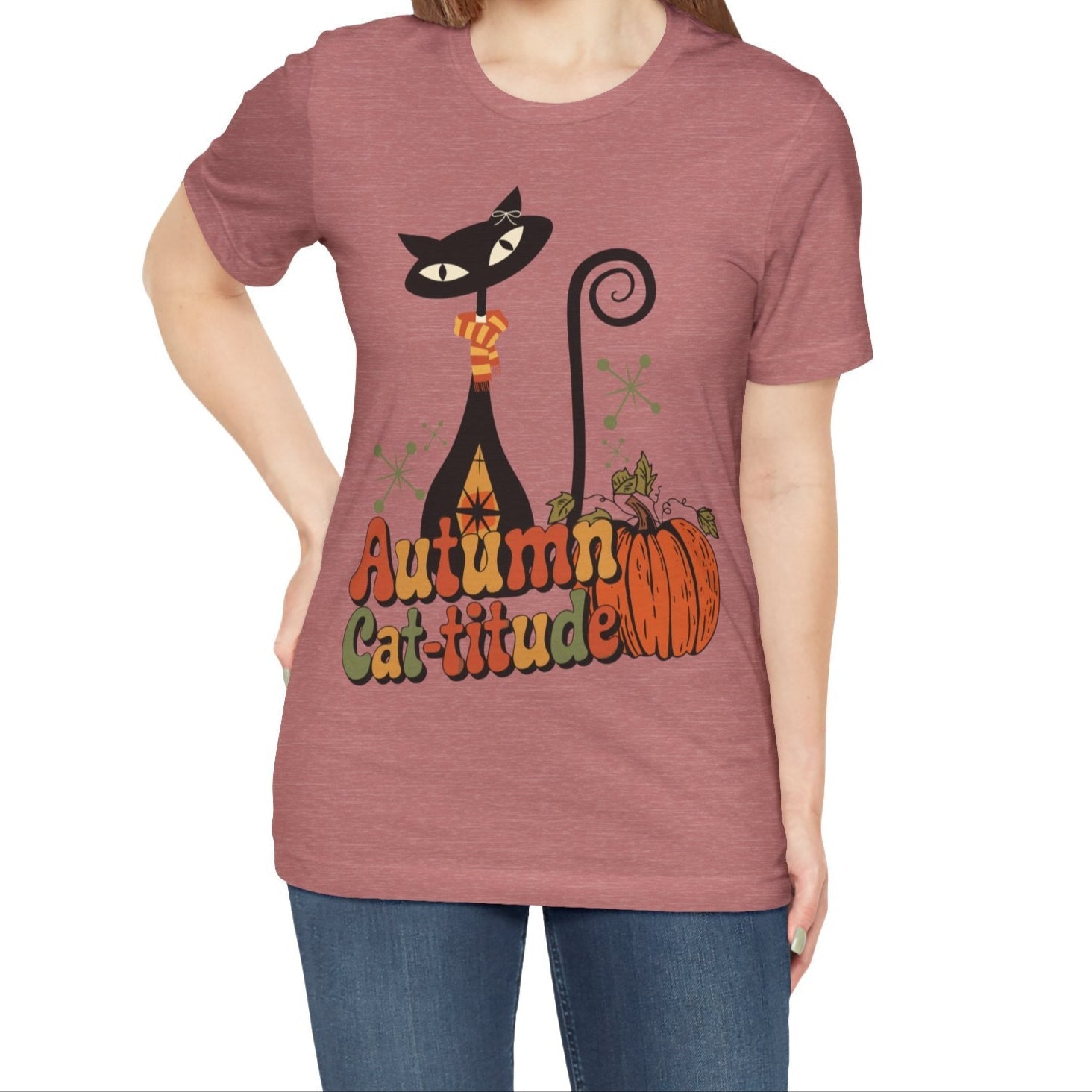 Kate McEnroe New York Atomic Cat Autumn Cat - titude T-Shirt, Retro Fall Pumpkin Mid Century Modern TeeT-Shirts16885026438218960945