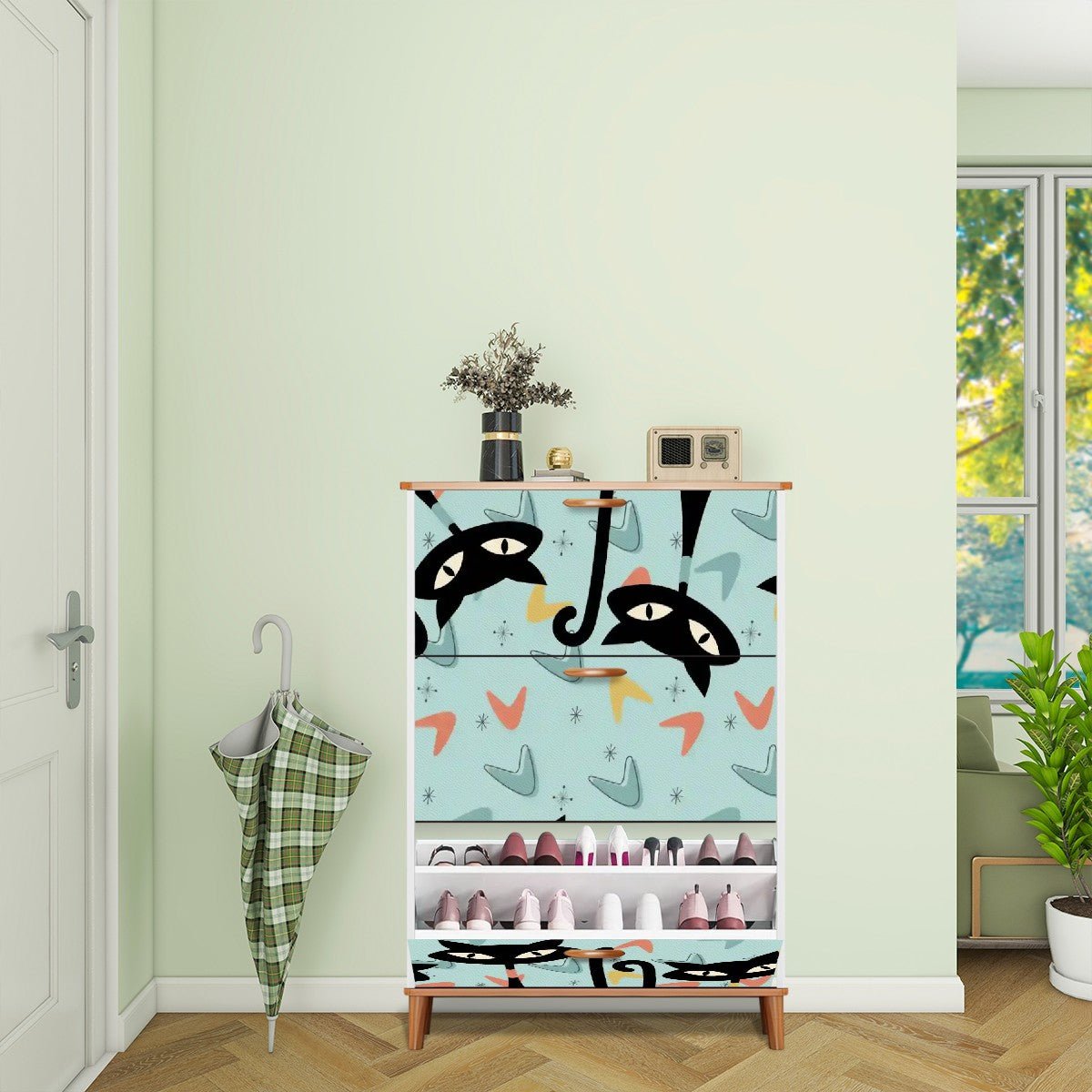 Kate McEnroe New York Atomic Cat Boomerang Shoe Storage Cabinet, Mid Century Modern Kitty Furniture, Retro Starburst Entryway OrganizerShoe StoragetkJ0Z9QbEl