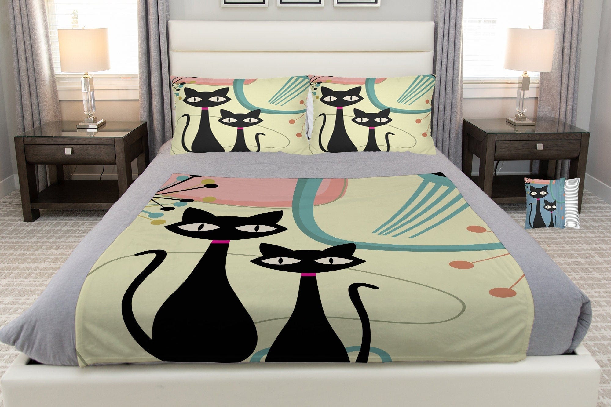 Kate McEnroe New York Atomic Cat Boomerang Starburst Minky Blanket, 1950s Retro Mod Teal, Pink, Cream Yellow Geometric Blanket, MCM Soft Plush Throw - 13429123Blankets18080693101626038050